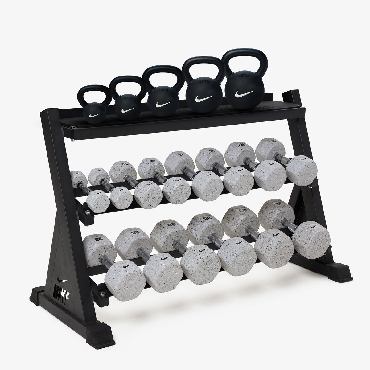 Nike Kettlebell & Dumbbell Rack Sets – Nike Grind / 5-35 lb / Rubber Coated - Black/White - 9-35 lb