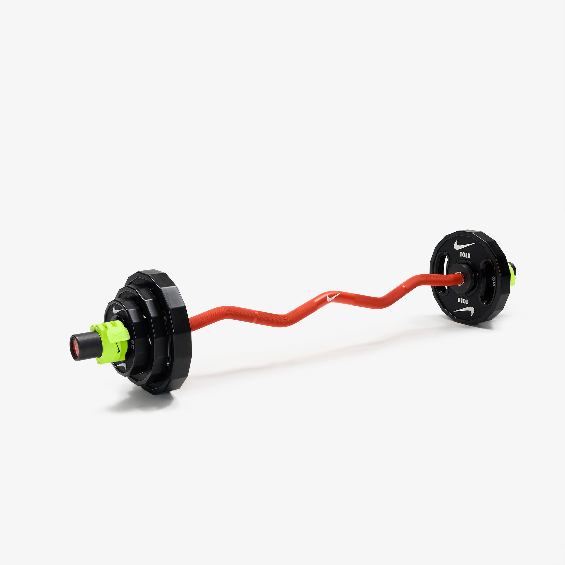Nike Strength Shield Curl Bar - Orange Swoosh / Nike Strength Pro Urethane Plates (2.5 - 10 lb pairs) / Volt/Black