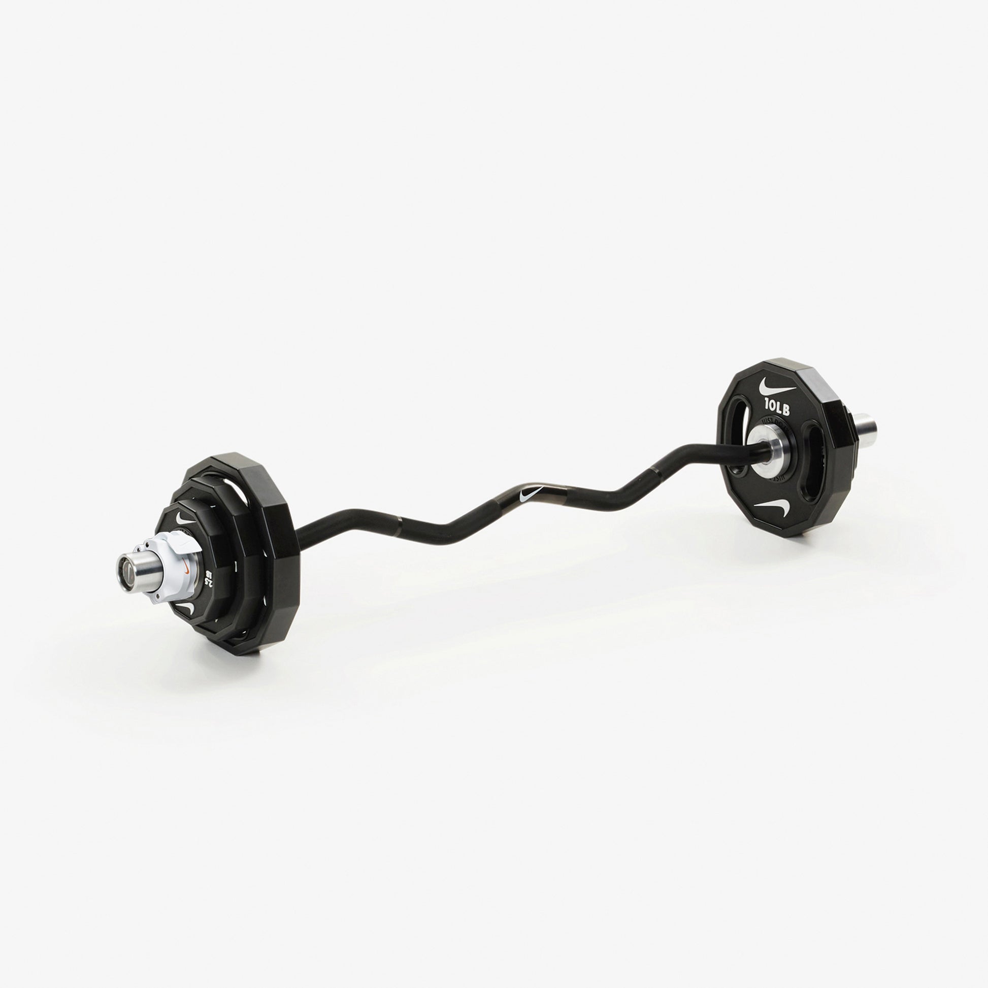 Nike Curl Bar - Black / Nike Strength Pro Urethane Plates (2.5 - 10 lb pairs) / White/Orange