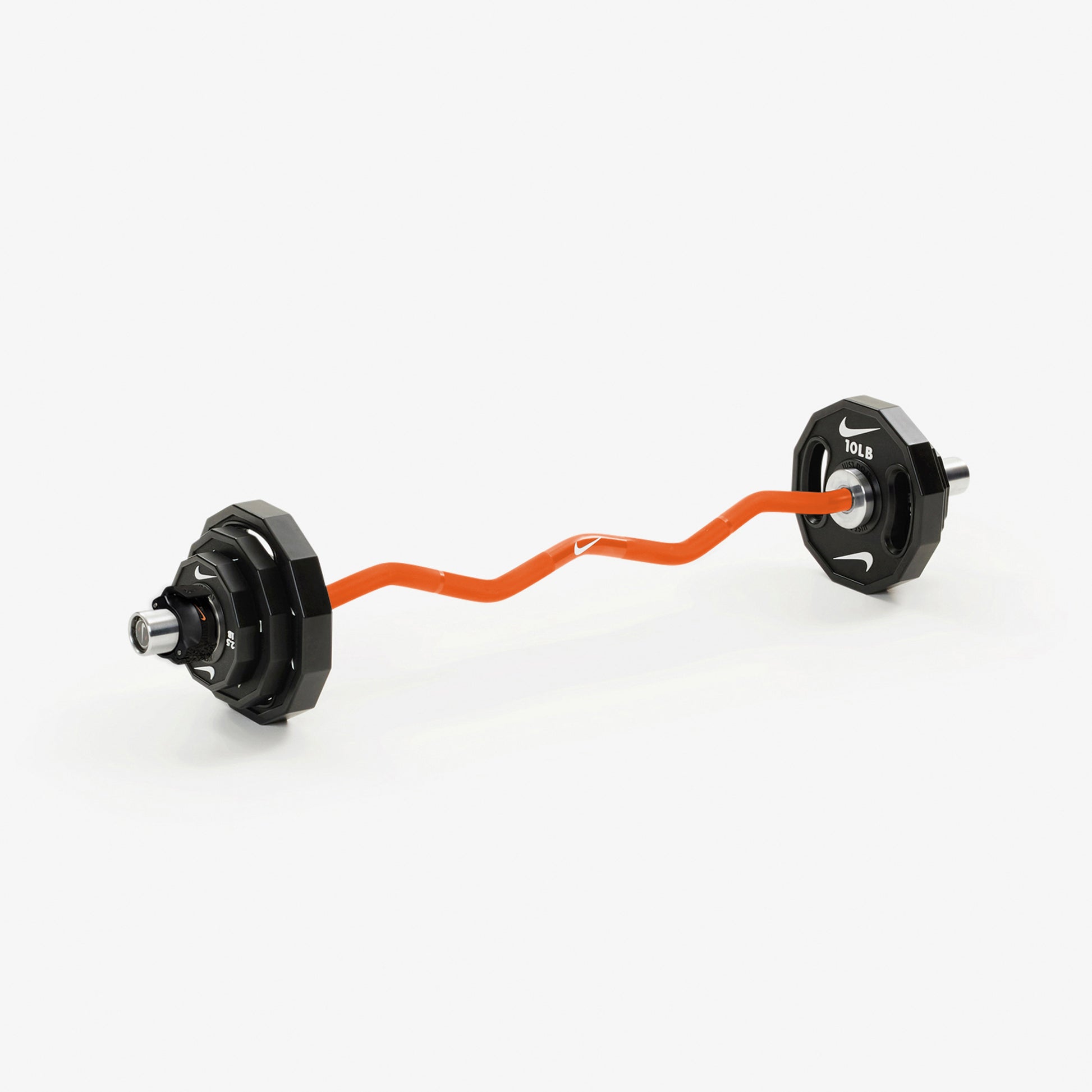 Nike Strength Shield Curl Bar - Orange Swoosh / Nike Strength Pro Urethane Plates (2.5 - 10 lb pairs) / Black/Orange