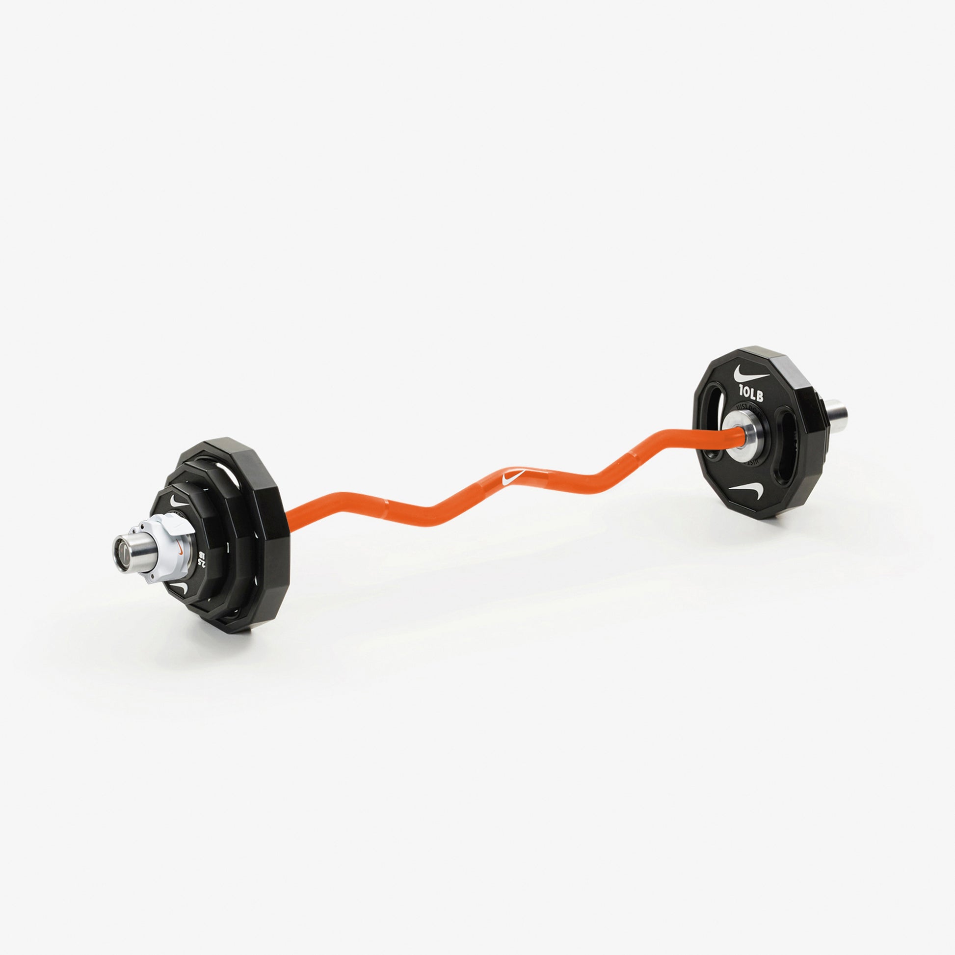 Nike Strength Shield Curl Bar - Orange Swoosh / Nike Strength Pro Urethane Plates (2.5 - 10 lb pairs) / White/Orange