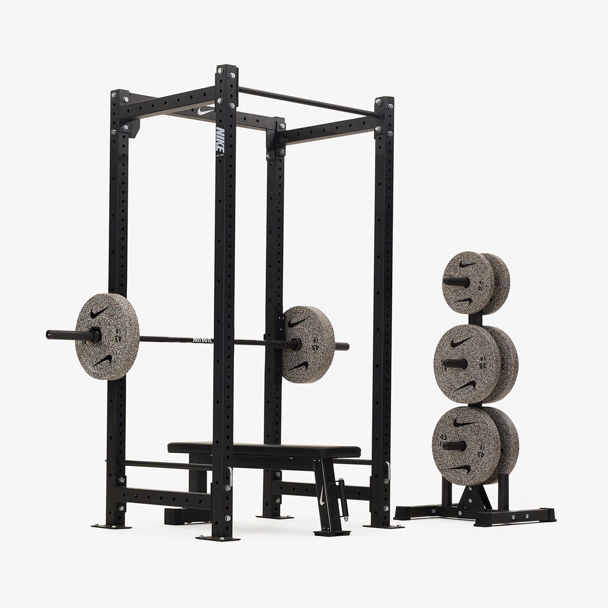 Nike Squat Cage / Black Bumper Plates / 20 kg Nike Strength Shield - Black ("Just Do It")