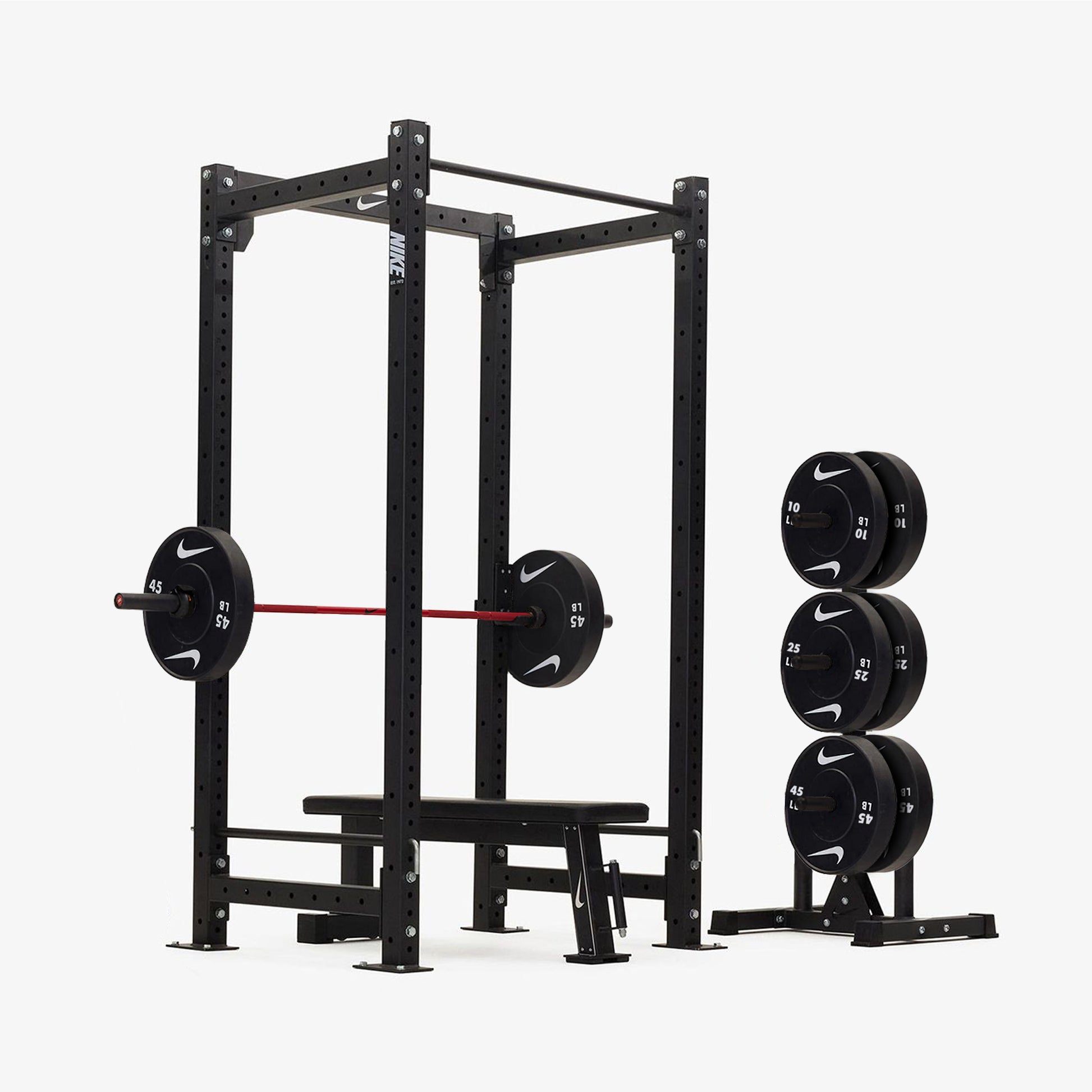 Nike Squat Cage / Black Bumper Plates / 20 kg Nike Strength Shield - Red SWOOSH