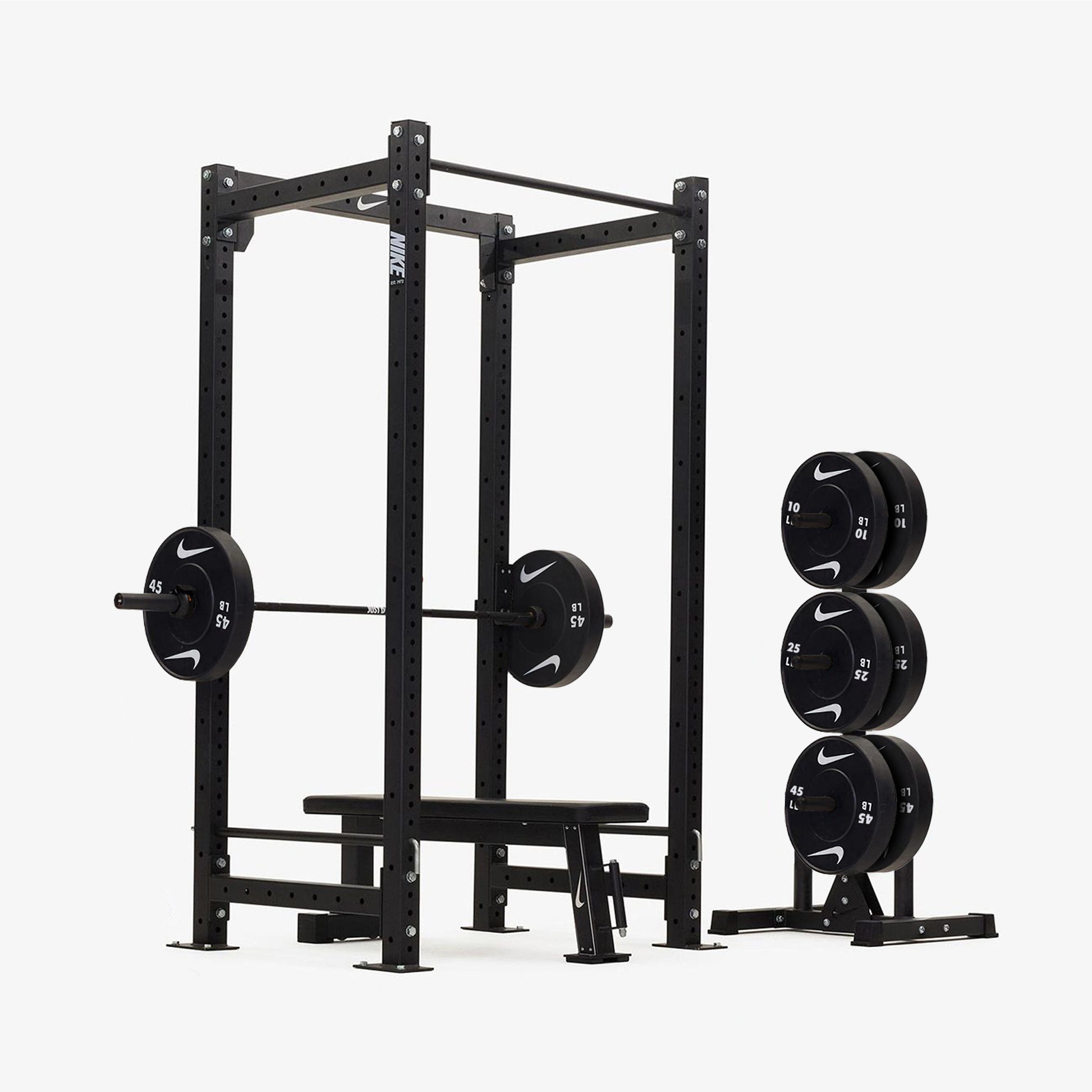 Nike Squat Cage / Black Bumper Plates / 20 kg Nike Strength Shield - Black ("Just Do It")