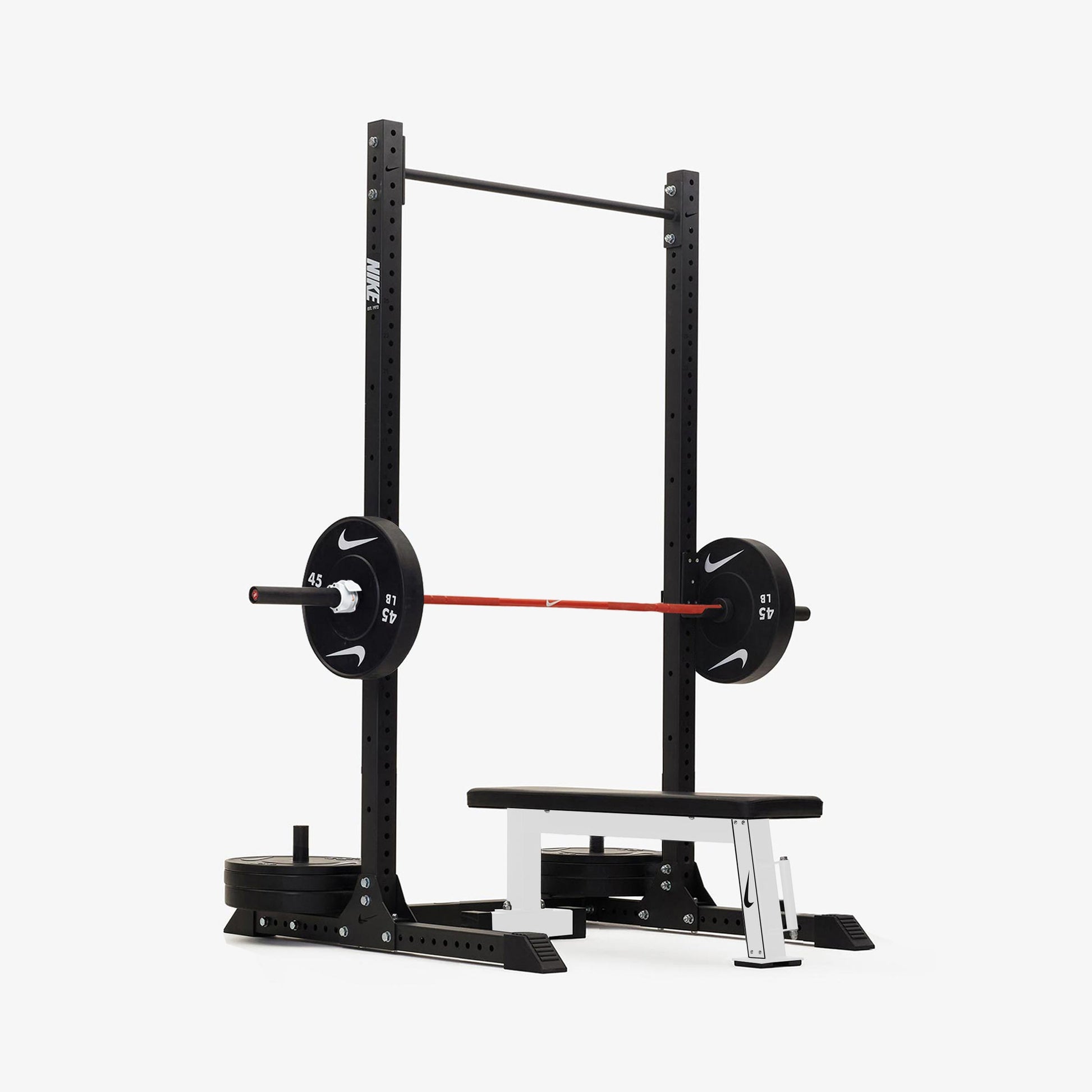 Nike Squat Rack / Black Bumper Plates / 20 kg Nike Strength Shield - Orange SWOOSH
