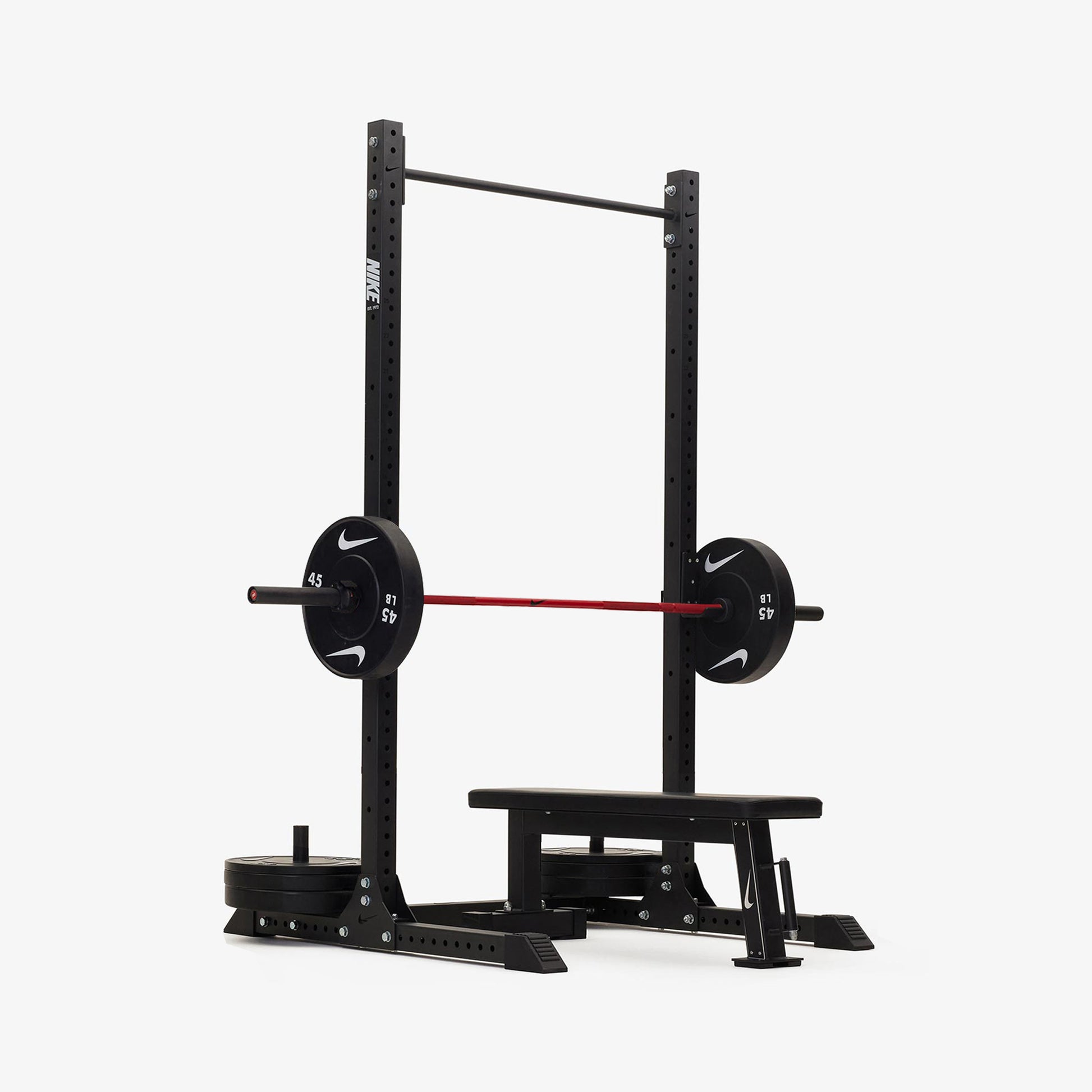Nike Squat Rack / Black Bumper Plates / 20 kg Nike Strength Shield - Red SWOOSH