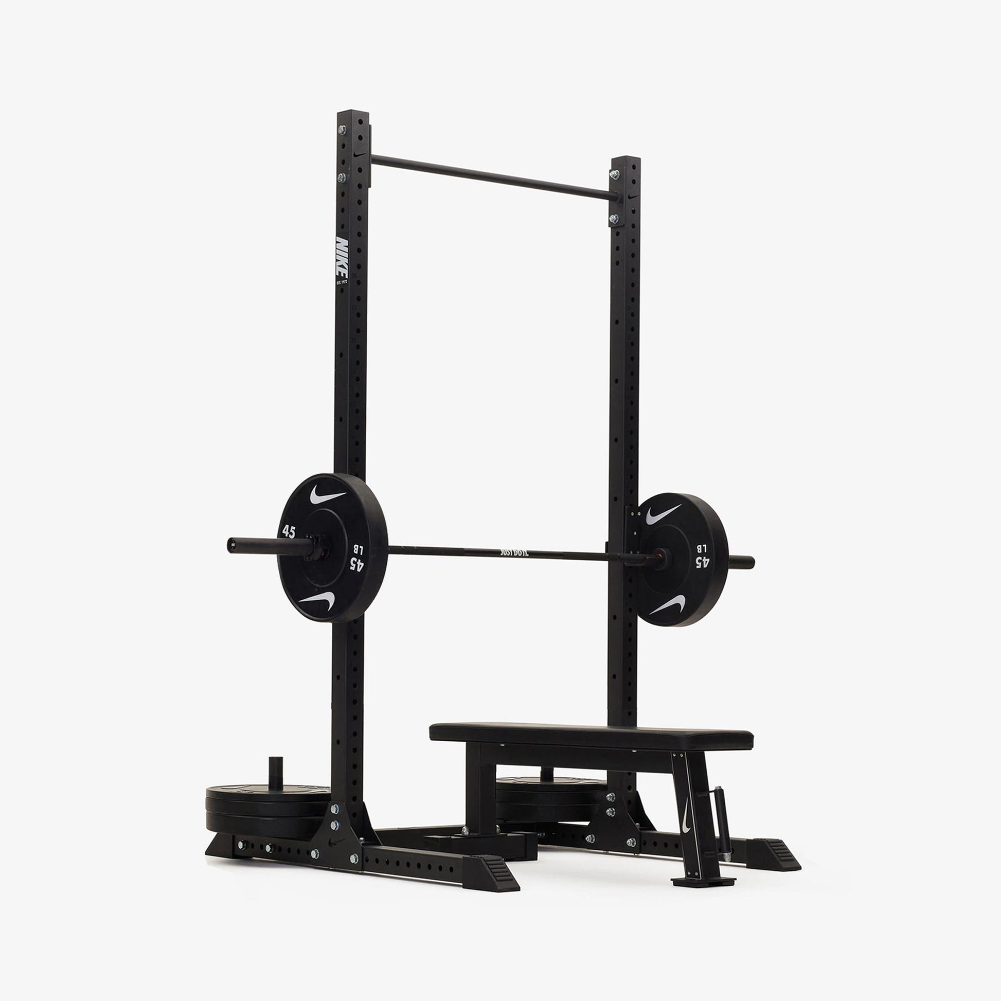 Nike Squat Rack / Black Bumper Plates / 20 kg Nike Strength Shield - Black ("Just Do It")