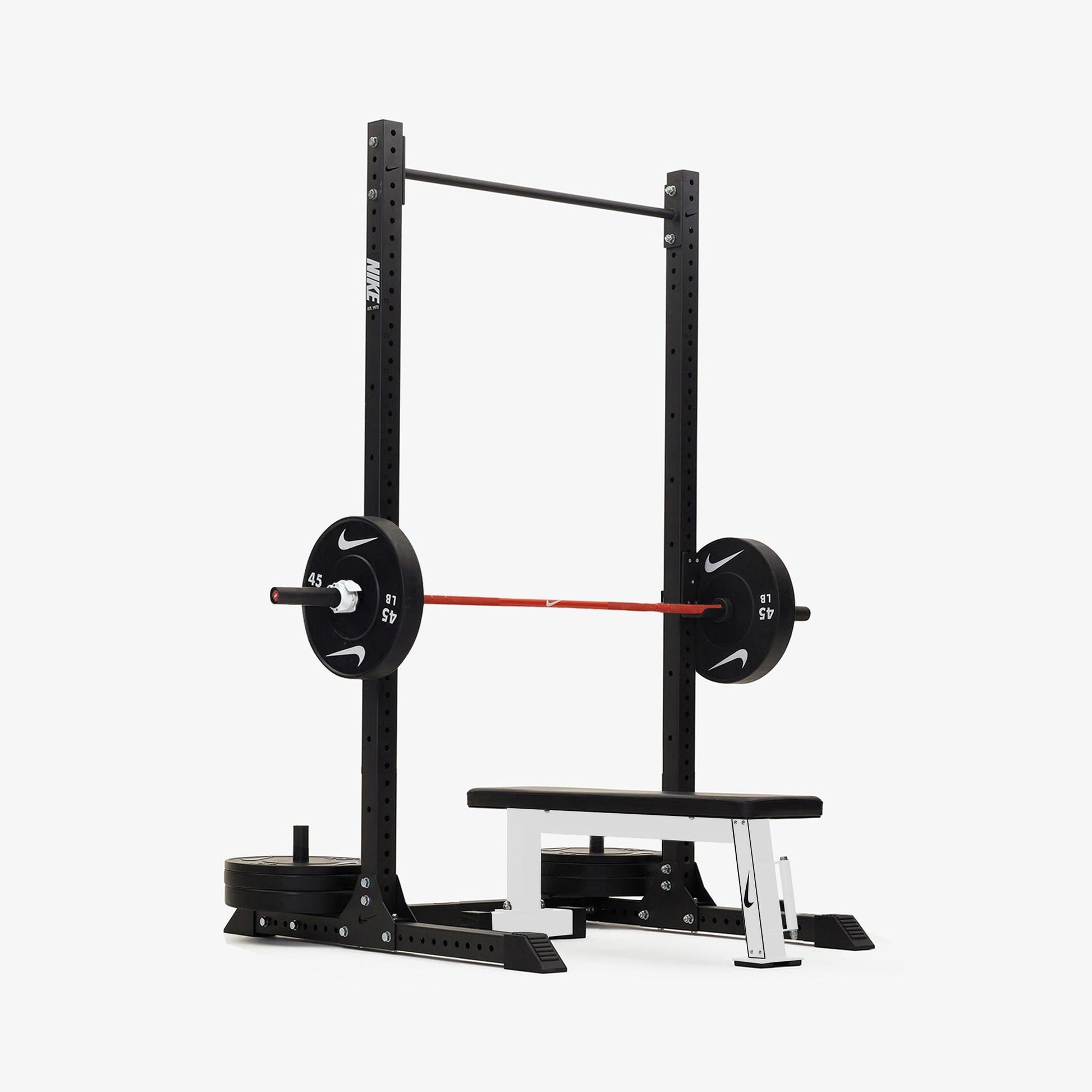 Nike Squat Rack / Black Bumper Plates / 15 kg Nike Strength Shield - Orange SWOOSH