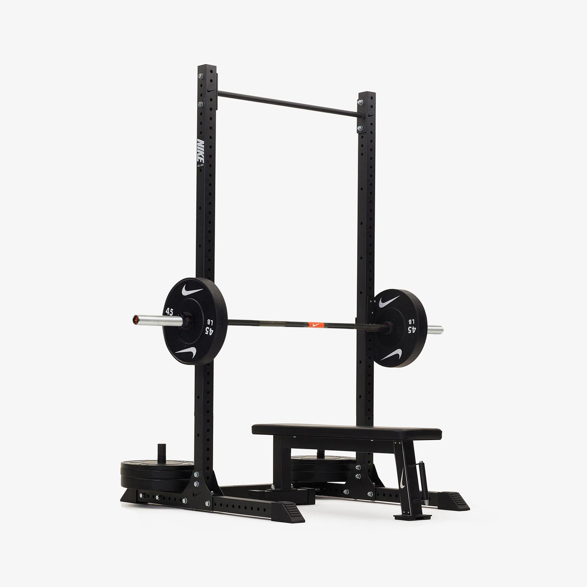 Nike Squat Rack / Black Bumper Plates / 20 kg Nike 1972 Power Bar