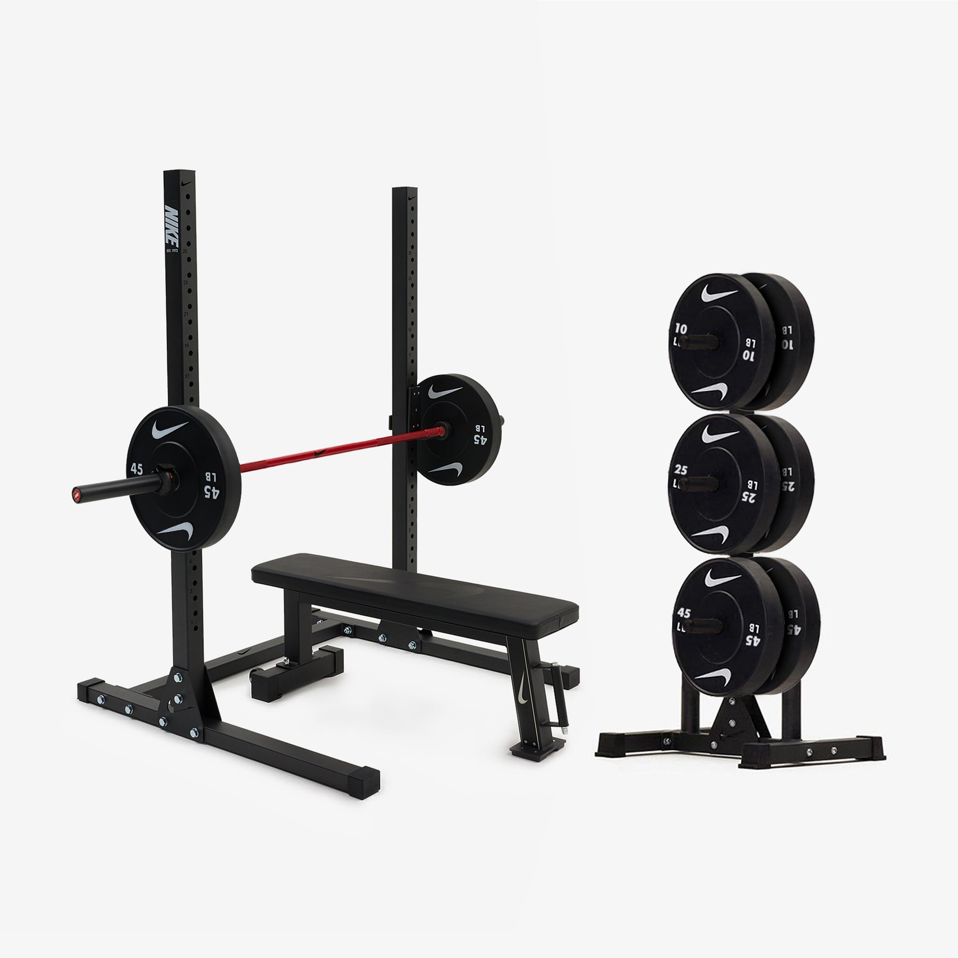 Nike Squat Stand / Black Bumper Plates / 20 kg Nike Strength Shield - Red SWOOSH