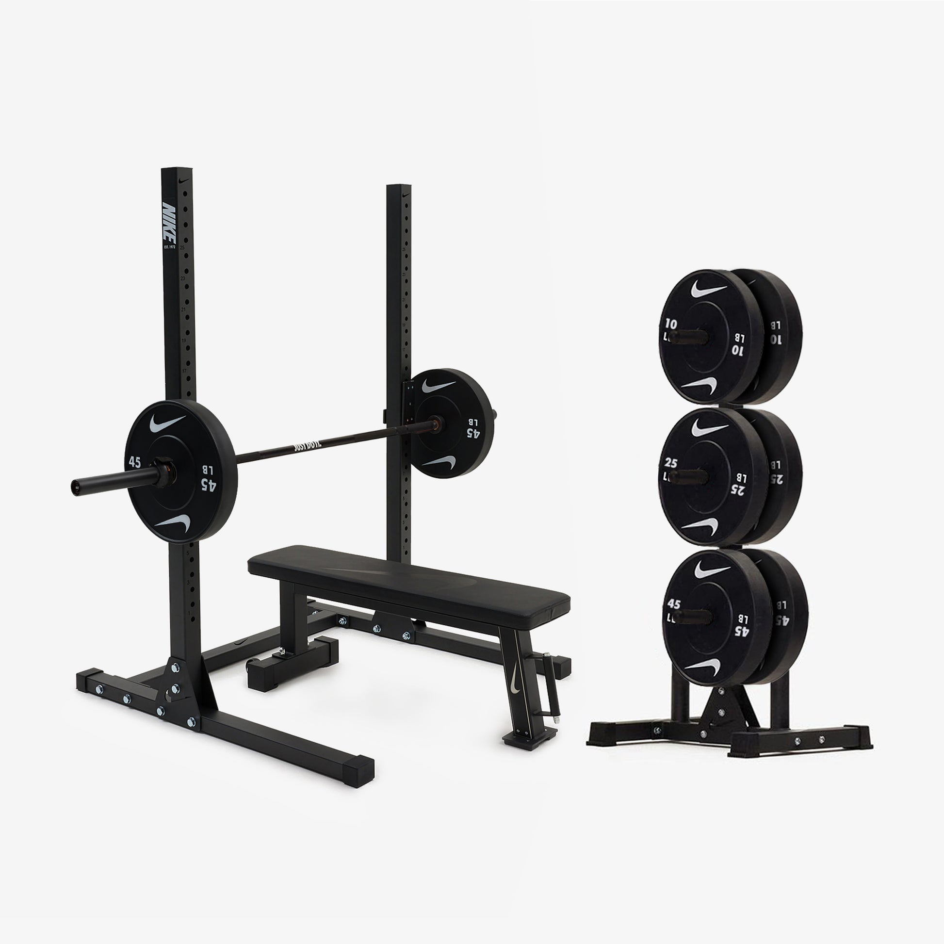 Nike Squat Stand / Black Bumper Plates / 20 kg Nike Strength Shield - Black ("Just Do It")