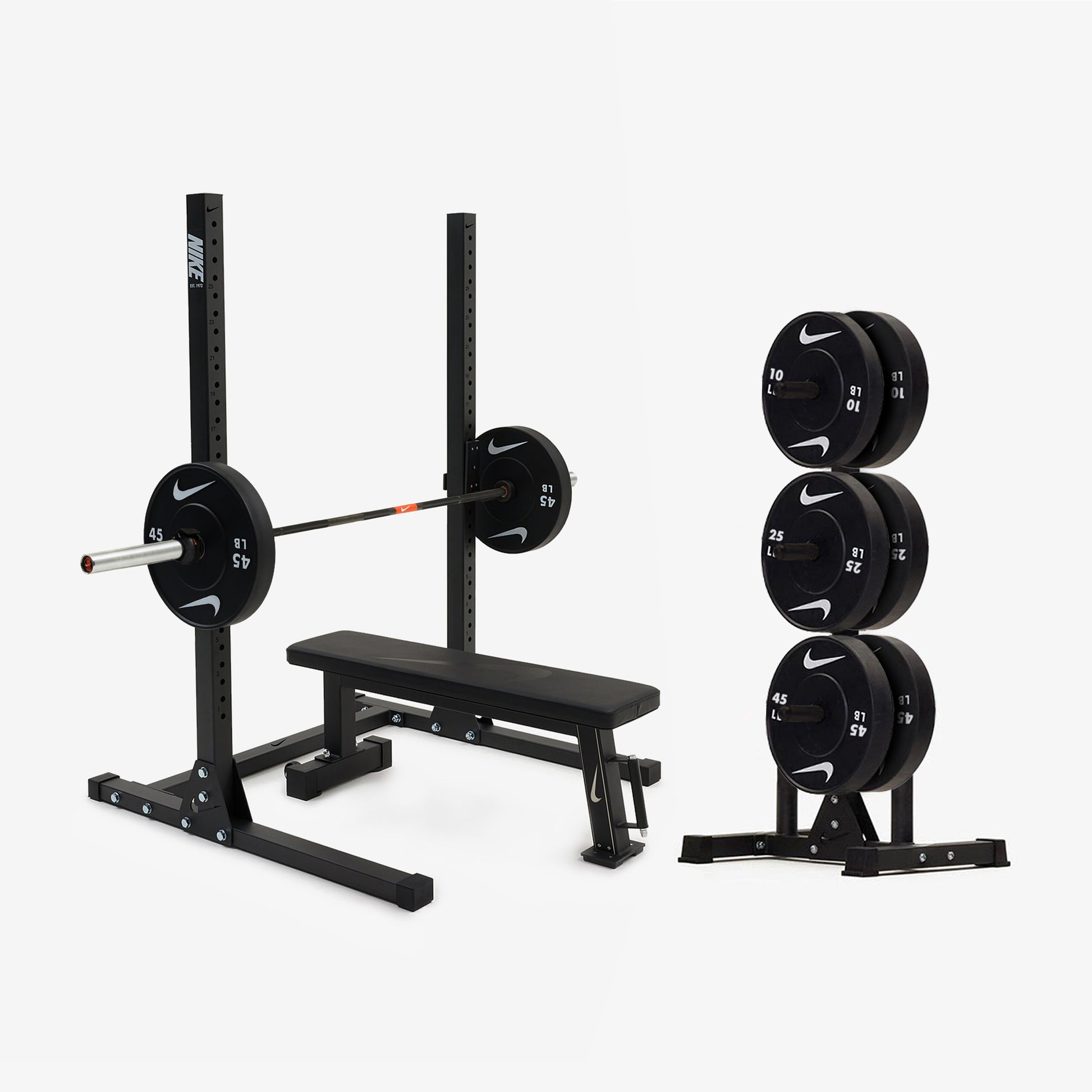 Nike Squat Stand / Black Bumper Plates / 20 kg Nike 1972 Power Bar