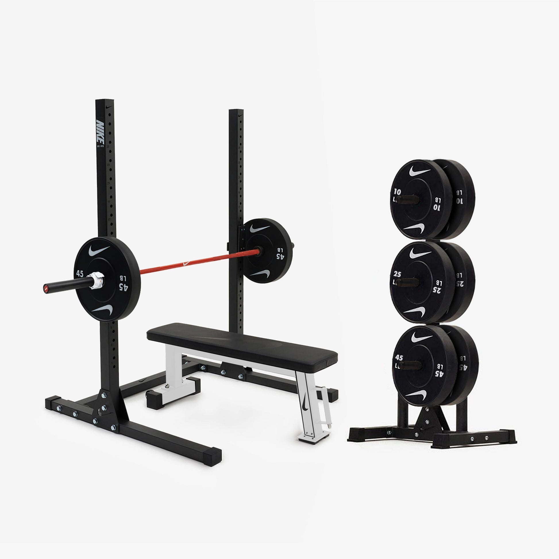 Nike Squat Stand / Black Bumper Plates / 20 kg Nike Strength Shield - Orange SWOOSH