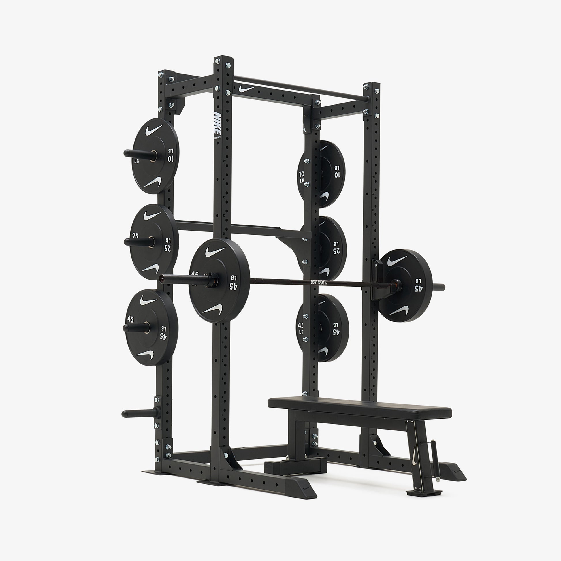 Nike Half Rack / Black Bumper Plates / 20 kg Nike Strength Shield - Black ("Just Do It")