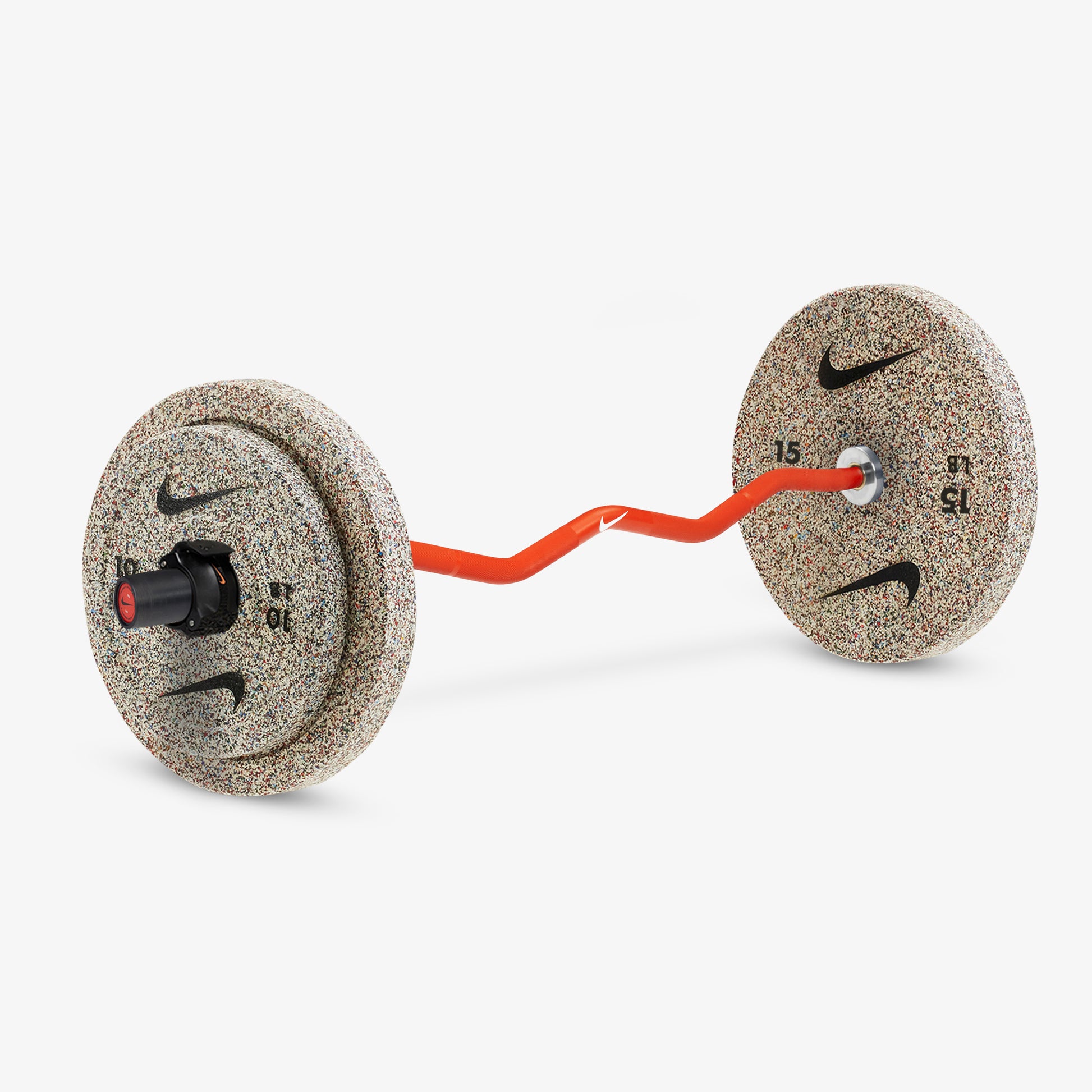 Nike Strength Shield Curl Bar - Orange Swoosh / Nike Grind Bumper Plates (10 and 15 lb pairs) / Black/Orange