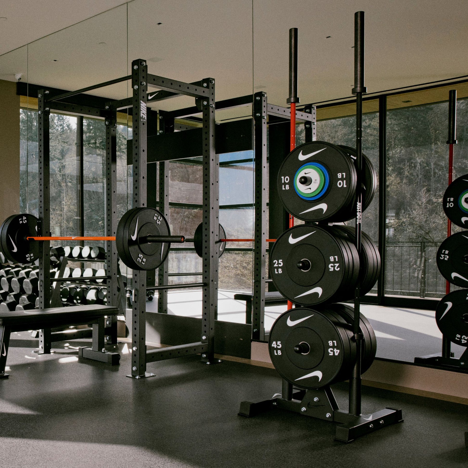 Nike Squat Cage / Black Bumper Plates / 20 kg Nike 1972 Power Bar