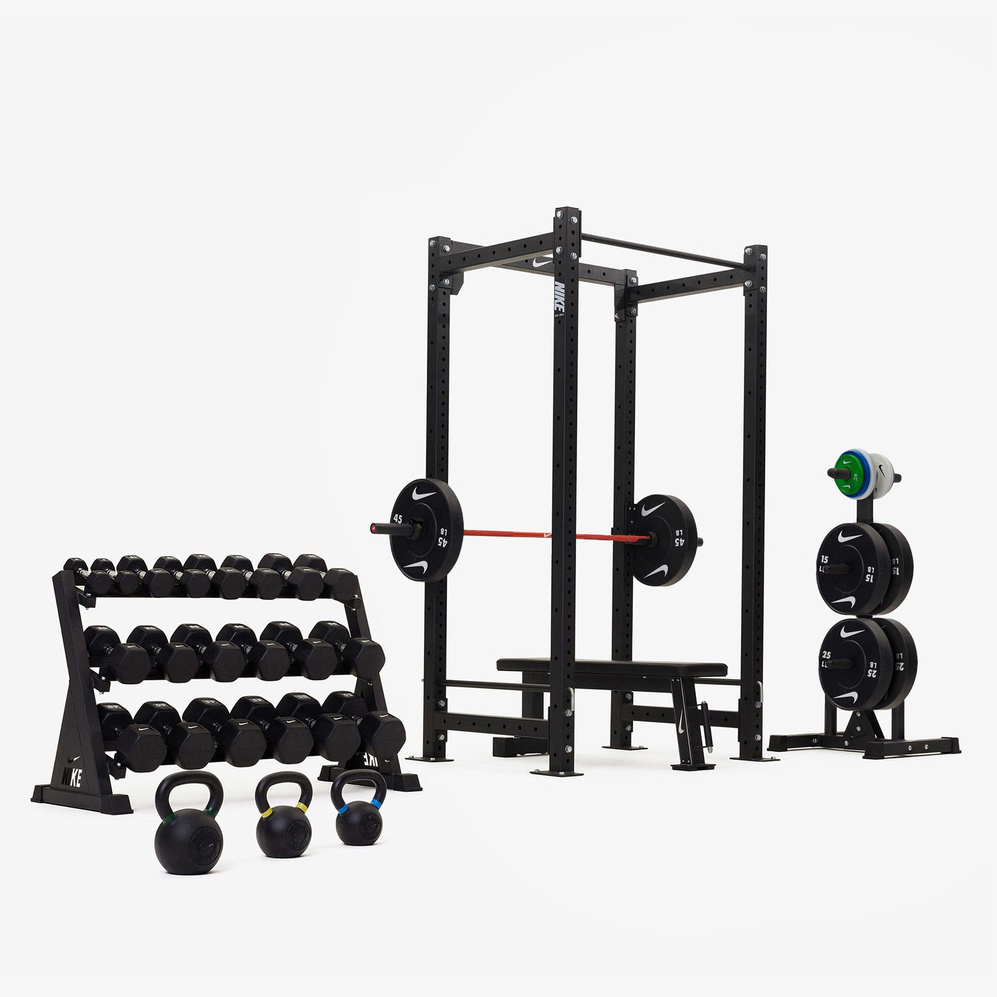 Nike Squat Cage / Black/White Dumbbells + Plates / 15 kg Orange SWOOSH