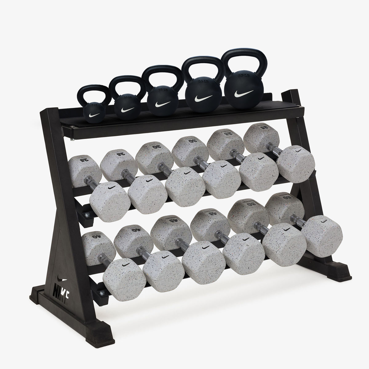 Nike Kettlebell & Dumbbell Rack Sets – Nike Grind / 25-50 lb / Rubber Coated - Black/White - 9-35 lb