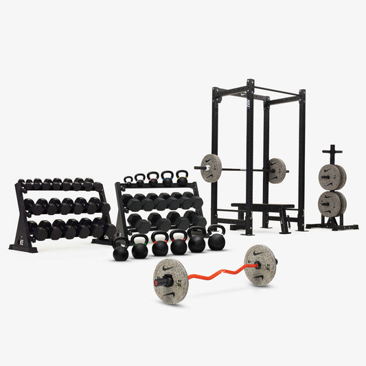 Nike Squat Cage / Black/White Dumbbells + Nike Grind Bumper Plates / Nike Strength Shield Barbell 20 kg - Black ("Just Do It")