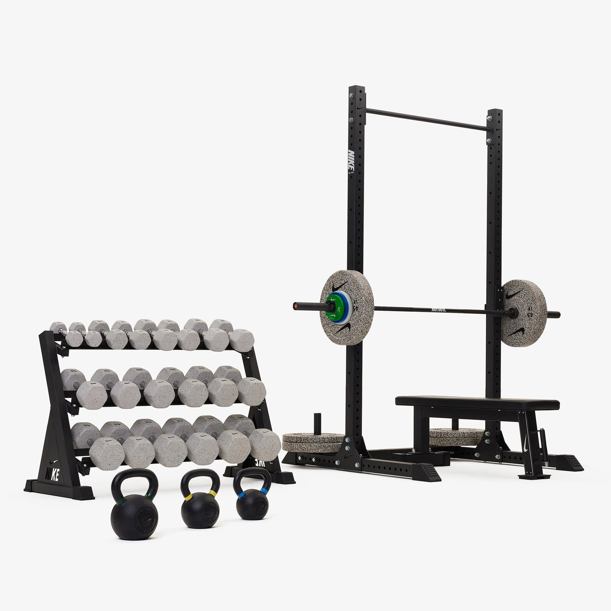 Nike Squat Rack / Nike Grind Dumbbells + Plates / 20 kg Black ("Just Do It")