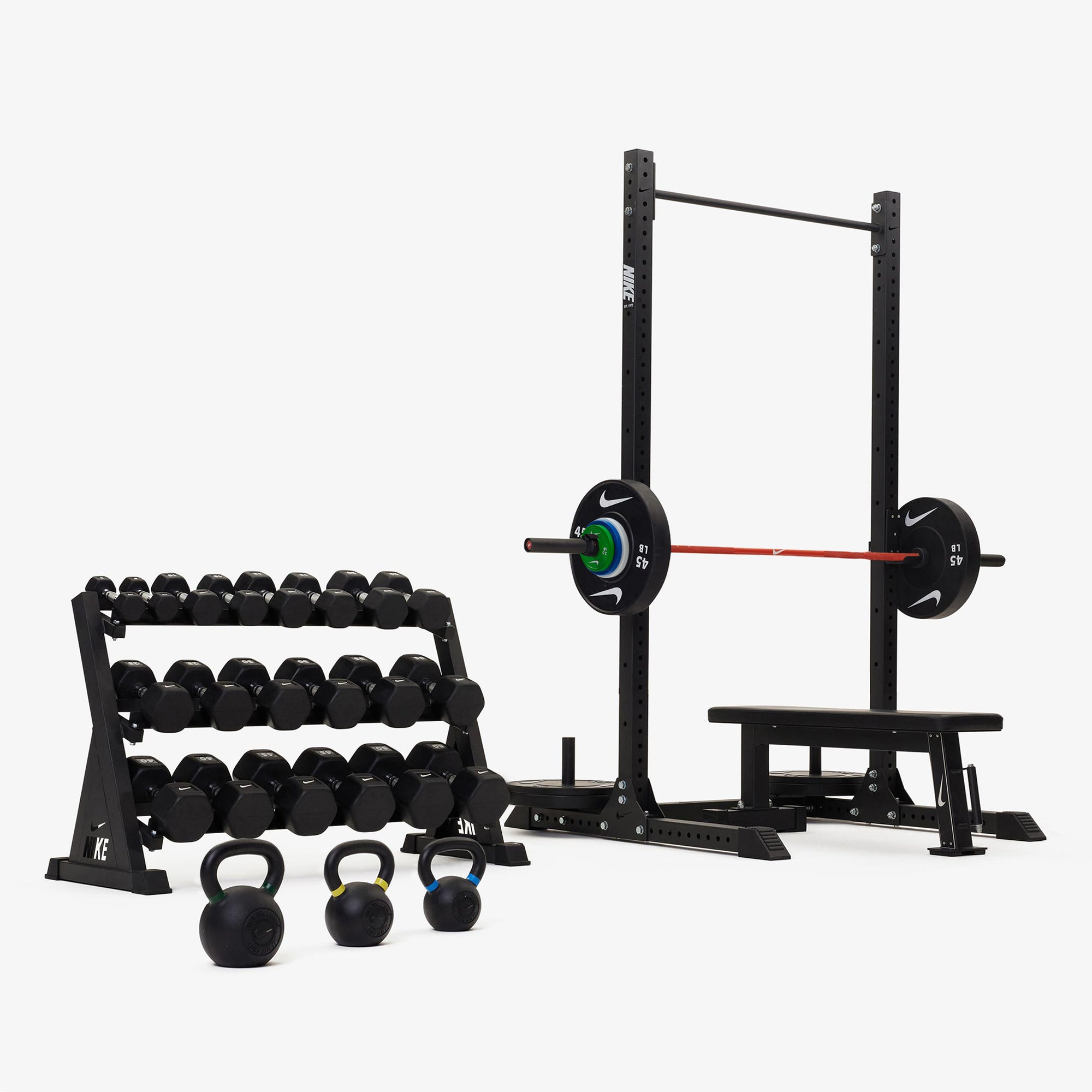 Nike Squat Rack / Black/White Dumbbells + Plates / 20 kg Orange SWOOSH