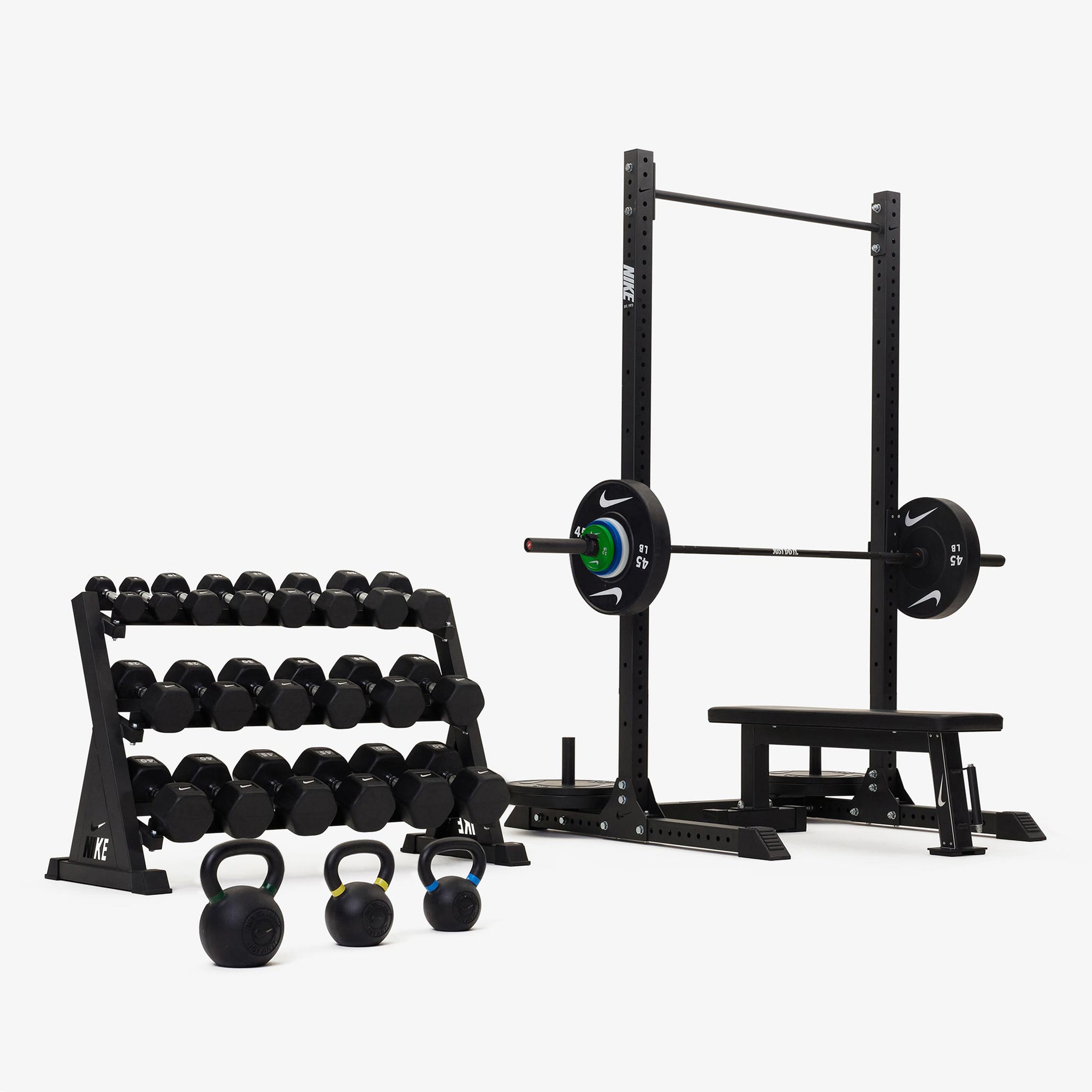 Nike Squat Rack / Black/White Dumbbells + Plates / 20 kg Black ("Just Do It")