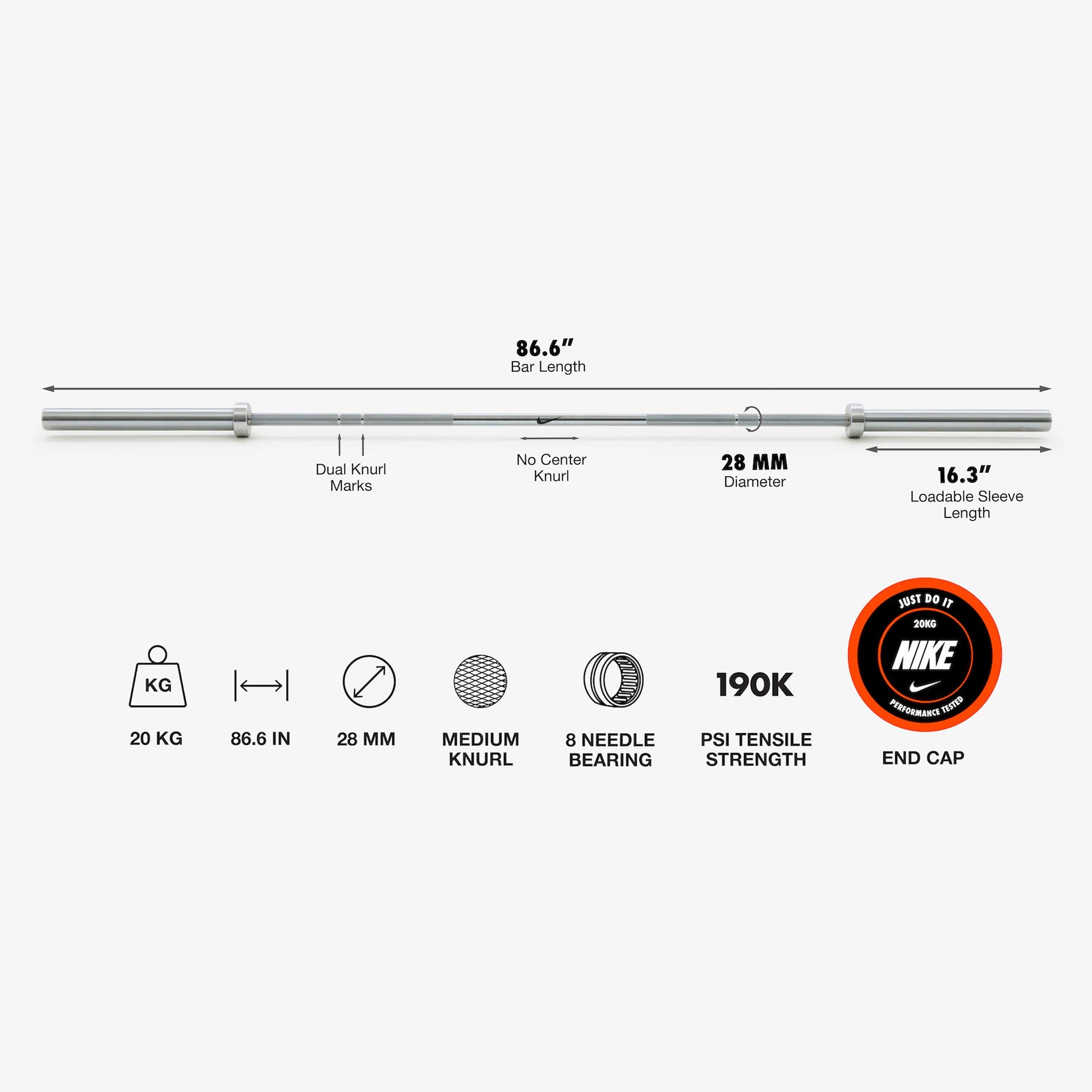20 kg Nike Chrome Swoosh / Nike Black Bumper Plates / Black/Orange | 20 kg Nike Chrome Swoosh / Nike Grind Bumper Plates / Black/Orange | 20 kg Nike Chrome Swoosh / Nike Black Bumper Plates / White/Orange | 20 kg Nike Chrome Swoosh / Nike Grind Bumper Plates / White/Orange