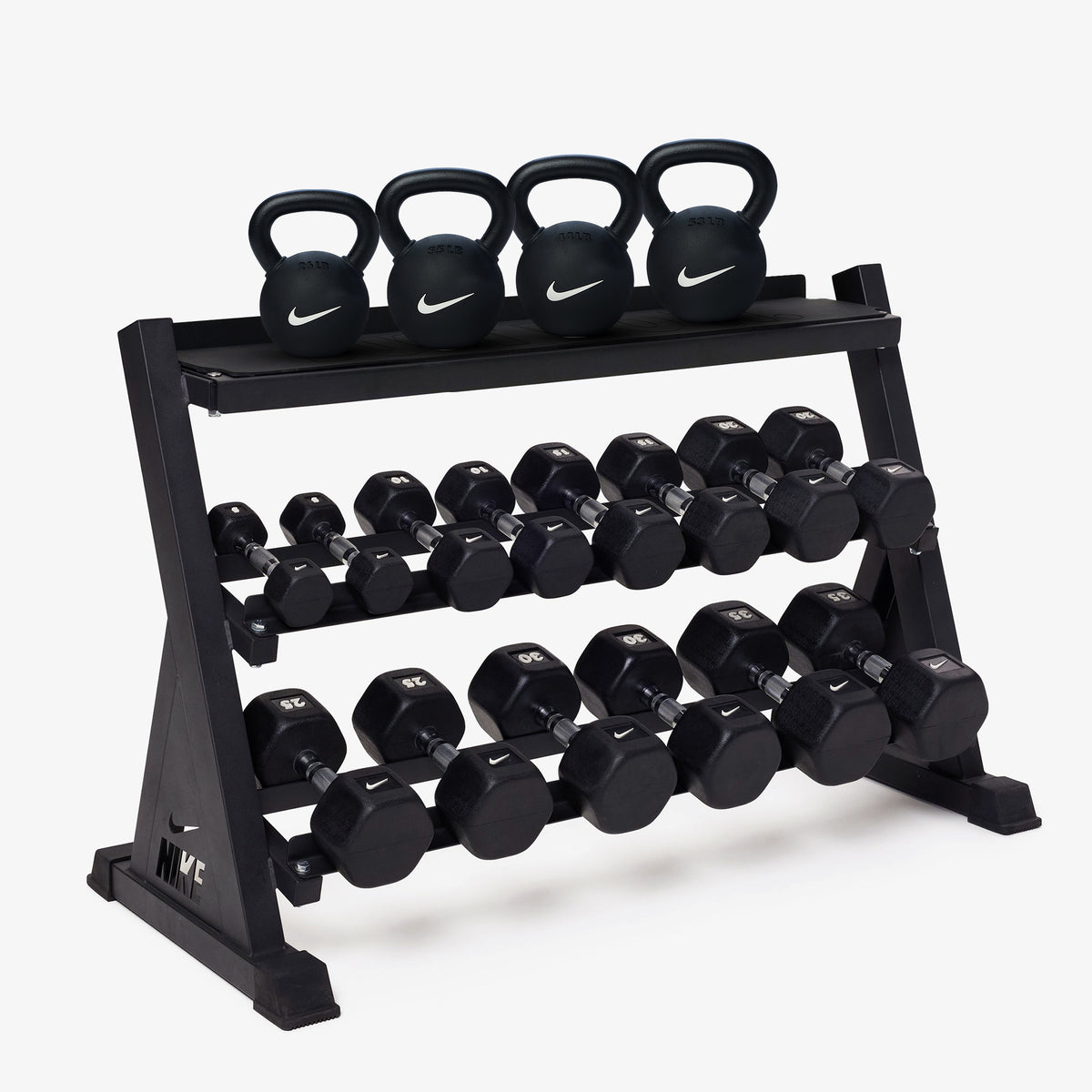 Nike Kettlebell & Dumbbell Rack Sets – Black/White / 5-35 lb / Rubber Coated - Black/White - 26-53 lb