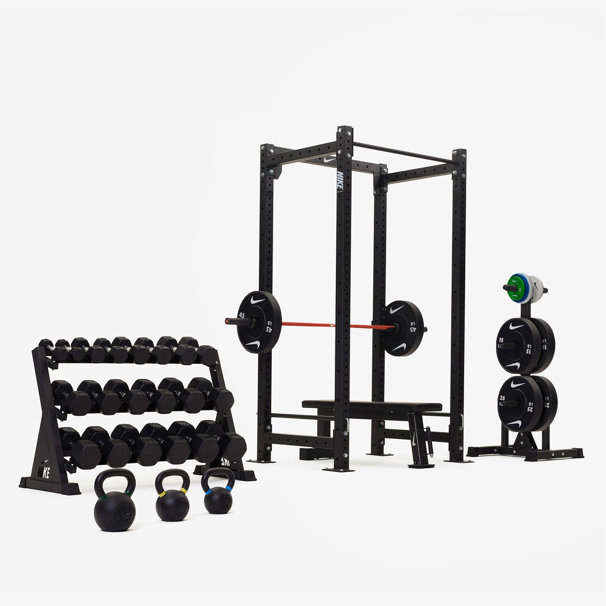 Nike Squat Cage / Black/Black Dumbbells + Black/White Plates / 20 kg Orange SWOOSH