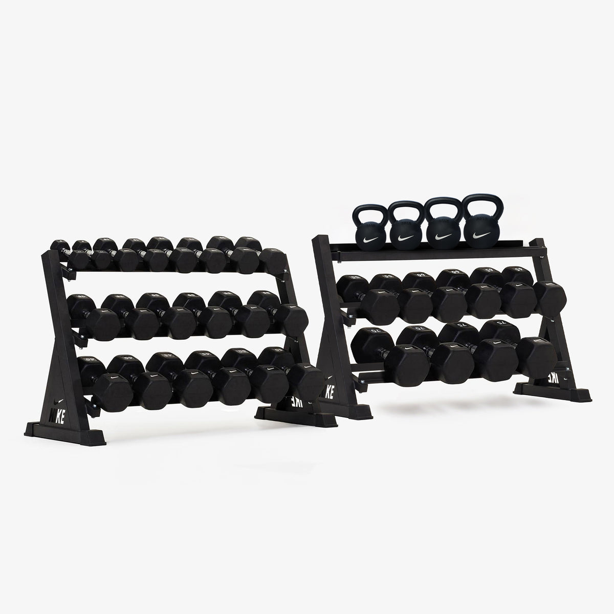 Nike Kettlebell & Dumbbell Rack Sets – Black/White / 5-75 lb / Rubber Coated - Black/White - 26-53 lb