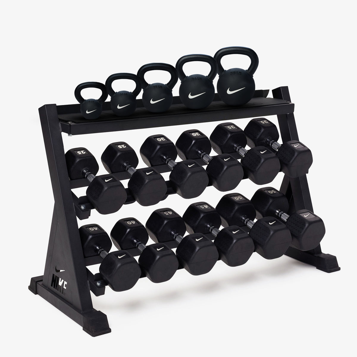 Nike Kettlebell & Dumbbell Rack Sets – Black/White / 25-50 lb / Rubber Coated - Black/White - 9-35 lb