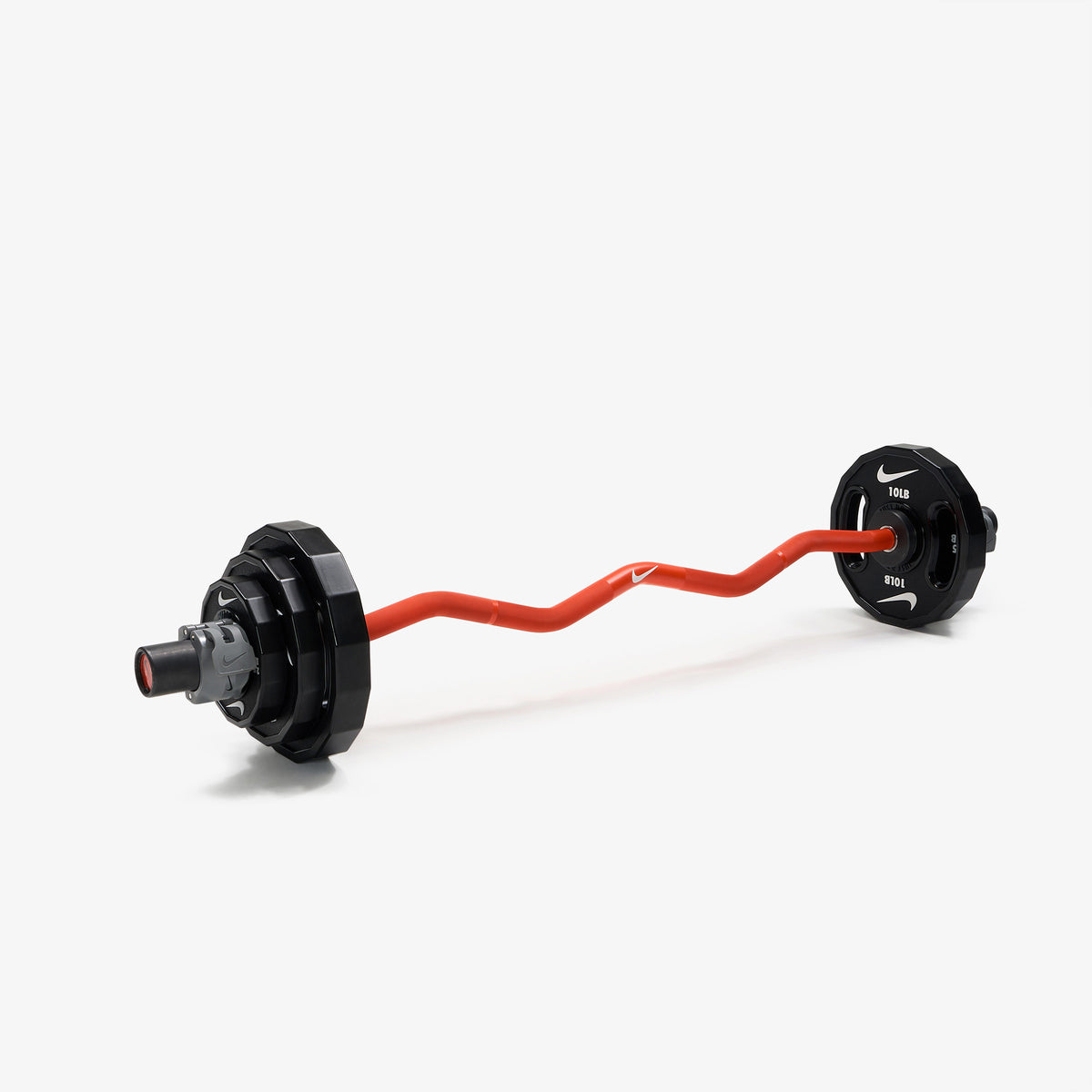 Nike Strength Shield Curl Bar - Orange Swoosh / Nike Strength Pro Urethane Plates (2.5 - 10 lb pairs) / Grey/Black