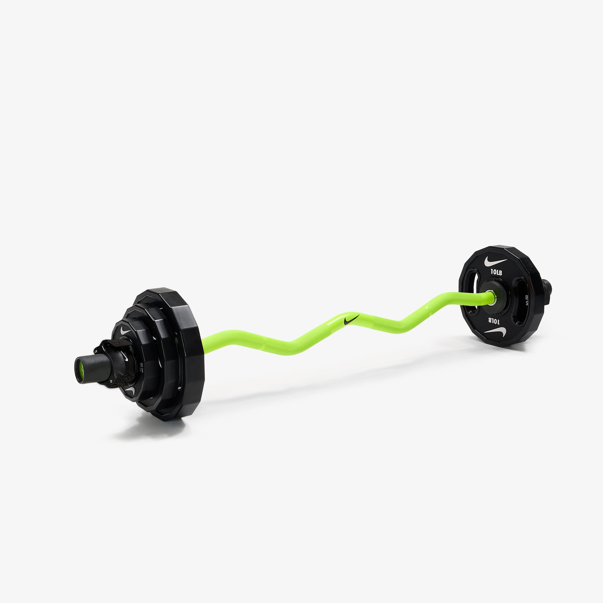 Nike Strength Shield Curl Bar - Volt Swoosh / Nike Strength Pro Urethane Plates (2.5 - 10 lb pairs) / Black/White