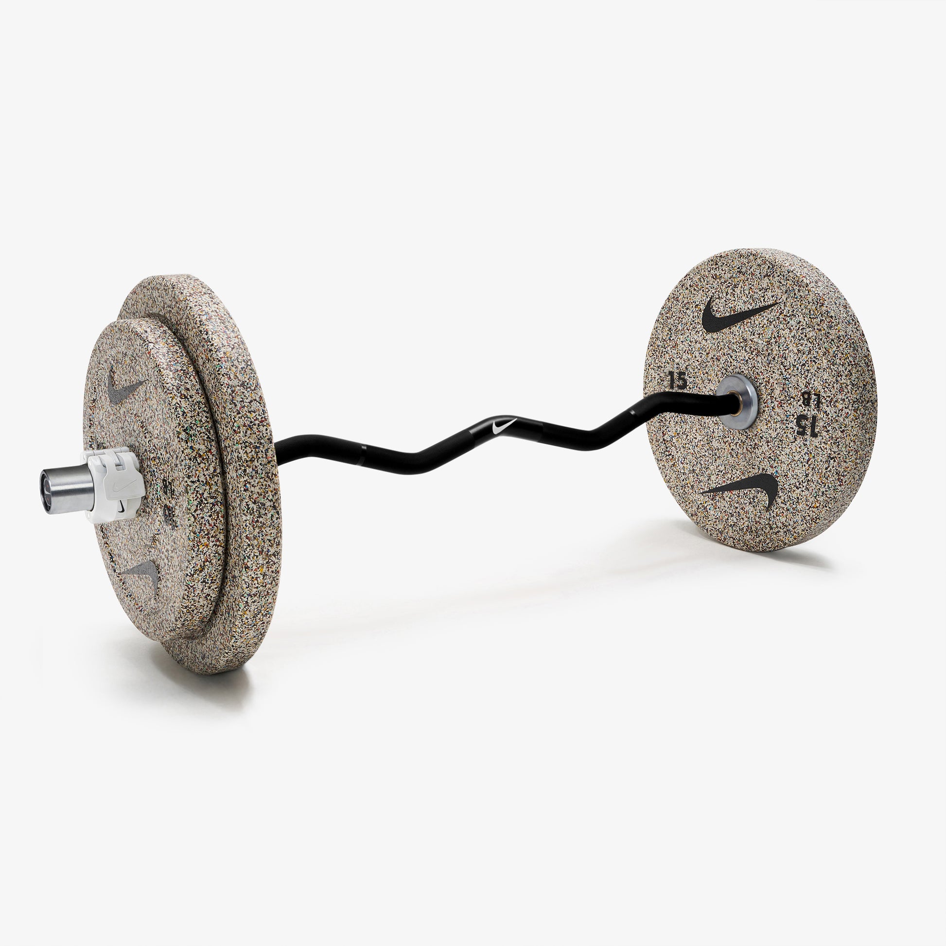 Nike Curl Bar - Black / Nike Grind Bumper Plates (10 and 15 lb pairs) / White/Black