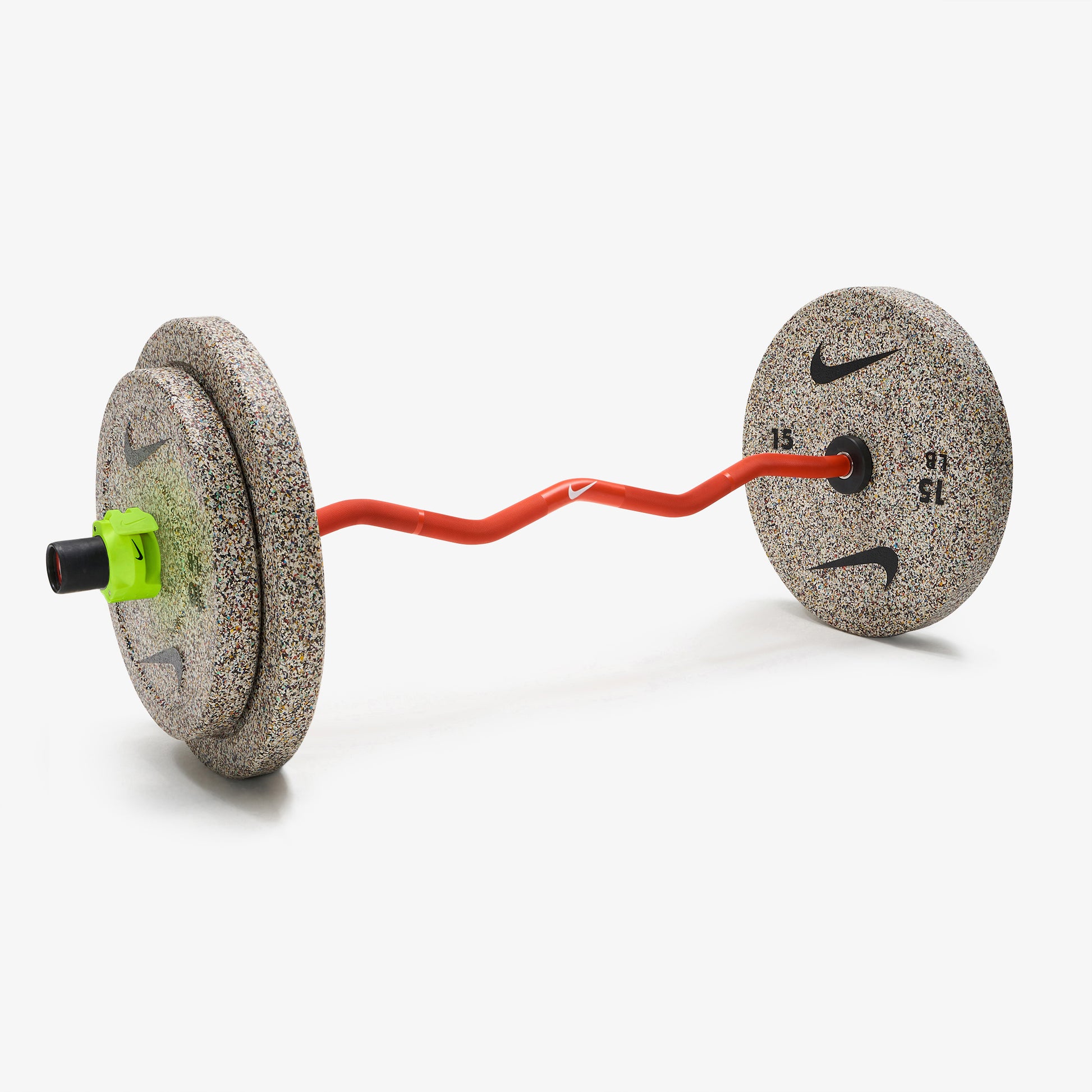 Nike Strength Shield Curl Bar - Orange Swoosh / Nike Grind Bumper Plates (10 and 15 lb pairs) / Volt/Black