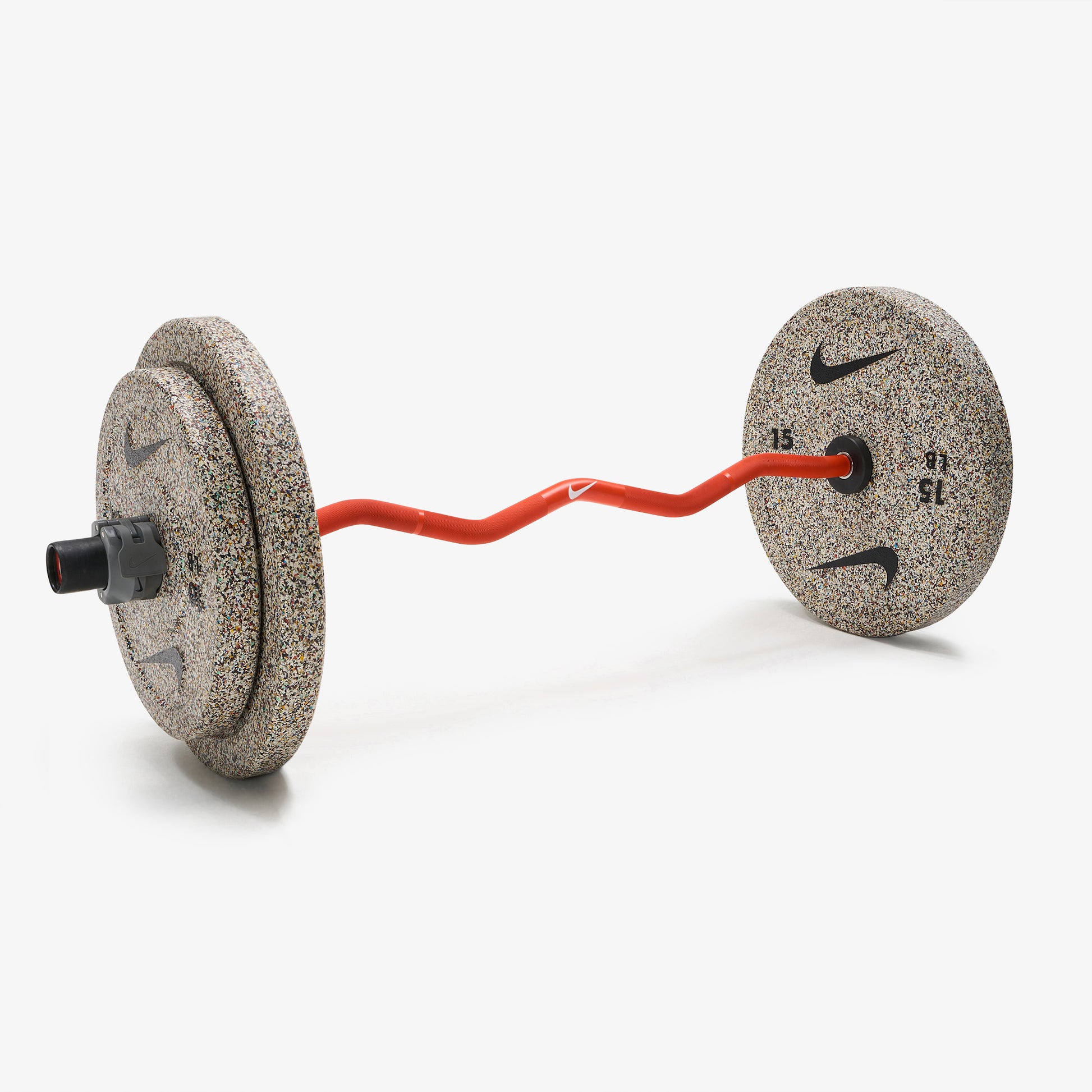Nike Strength Shield Curl Bar - Orange Swoosh / Nike Grind Bumper Plates (10 and 15 lb pairs) / Grey/Black