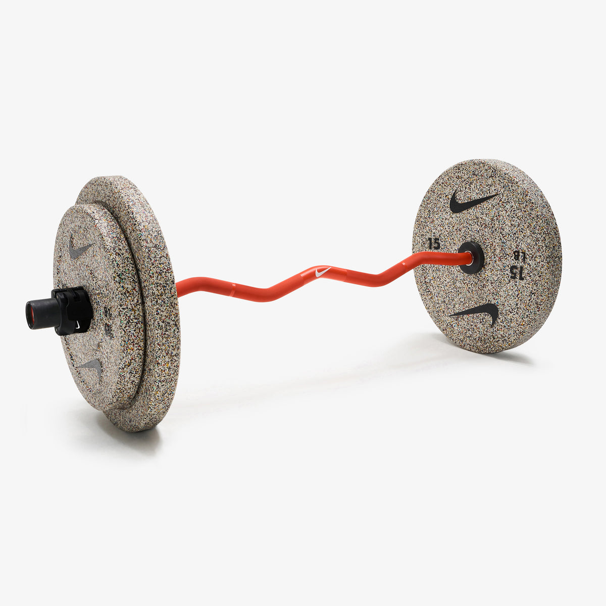 Nike Strength Shield Curl Bar - Orange Swoosh / Nike Grind Bumper Plates (10 and 15 lb pairs) / Black/White