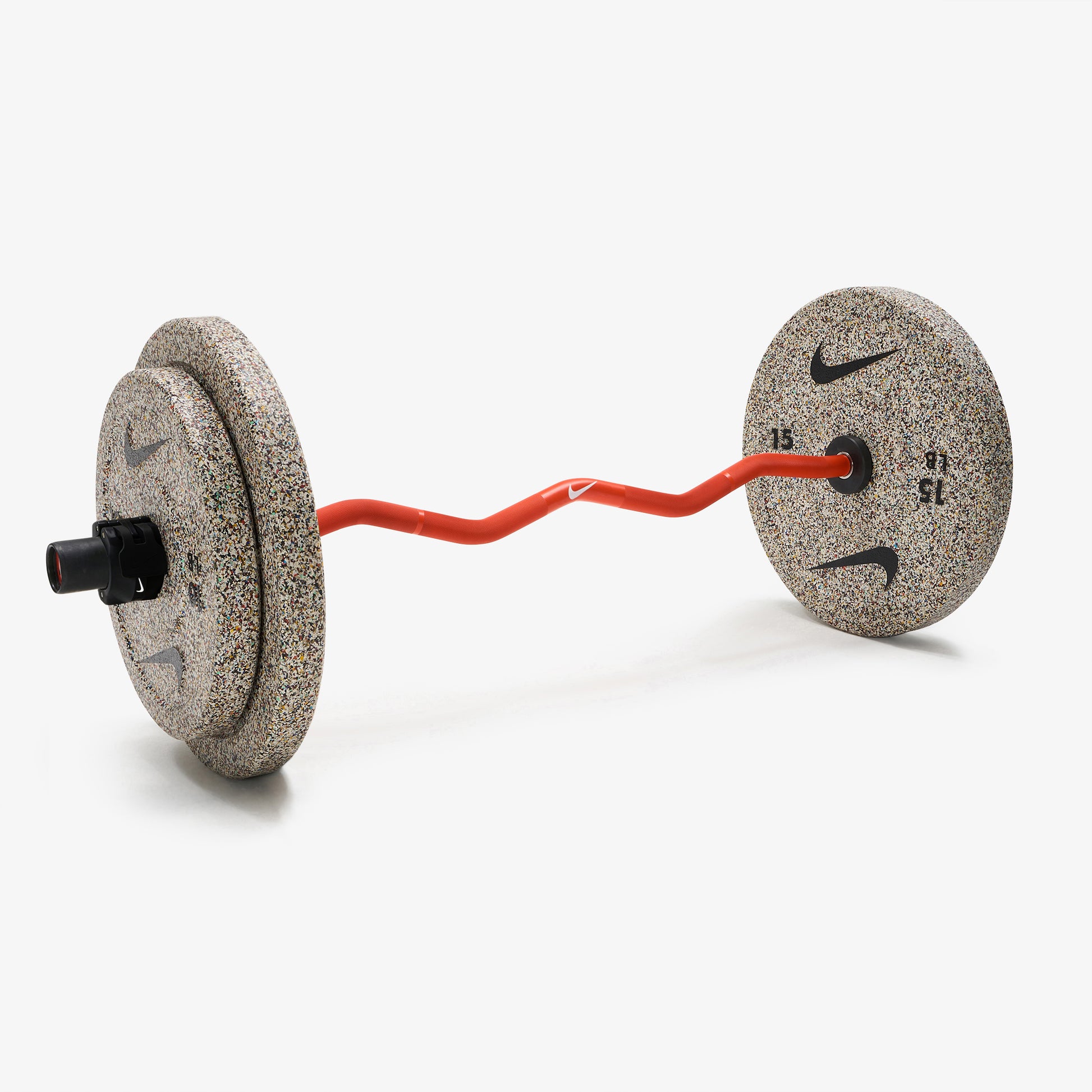 Nike Strength Shield Curl Bar - Orange Swoosh / Nike Grind Bumper Plates (10 and 15 lb pairs) / Black/White