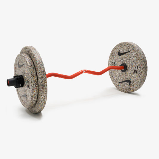 Nike Strength Shield Curl Bar - Orange Swoosh / Nike Grind Bumper Plates (10 and 15 lb pairs) / Black/White