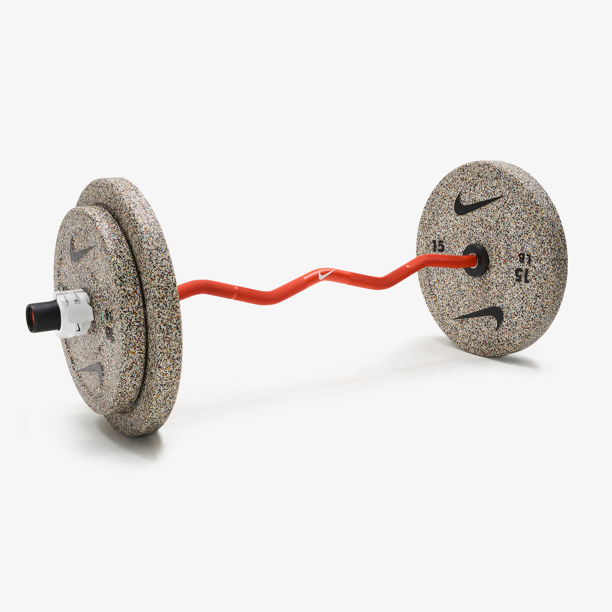 Nike Strength Shield Curl Bar - Orange Swoosh / Nike Grind Bumper Plates (10 and 15 lb pairs) / White/Black