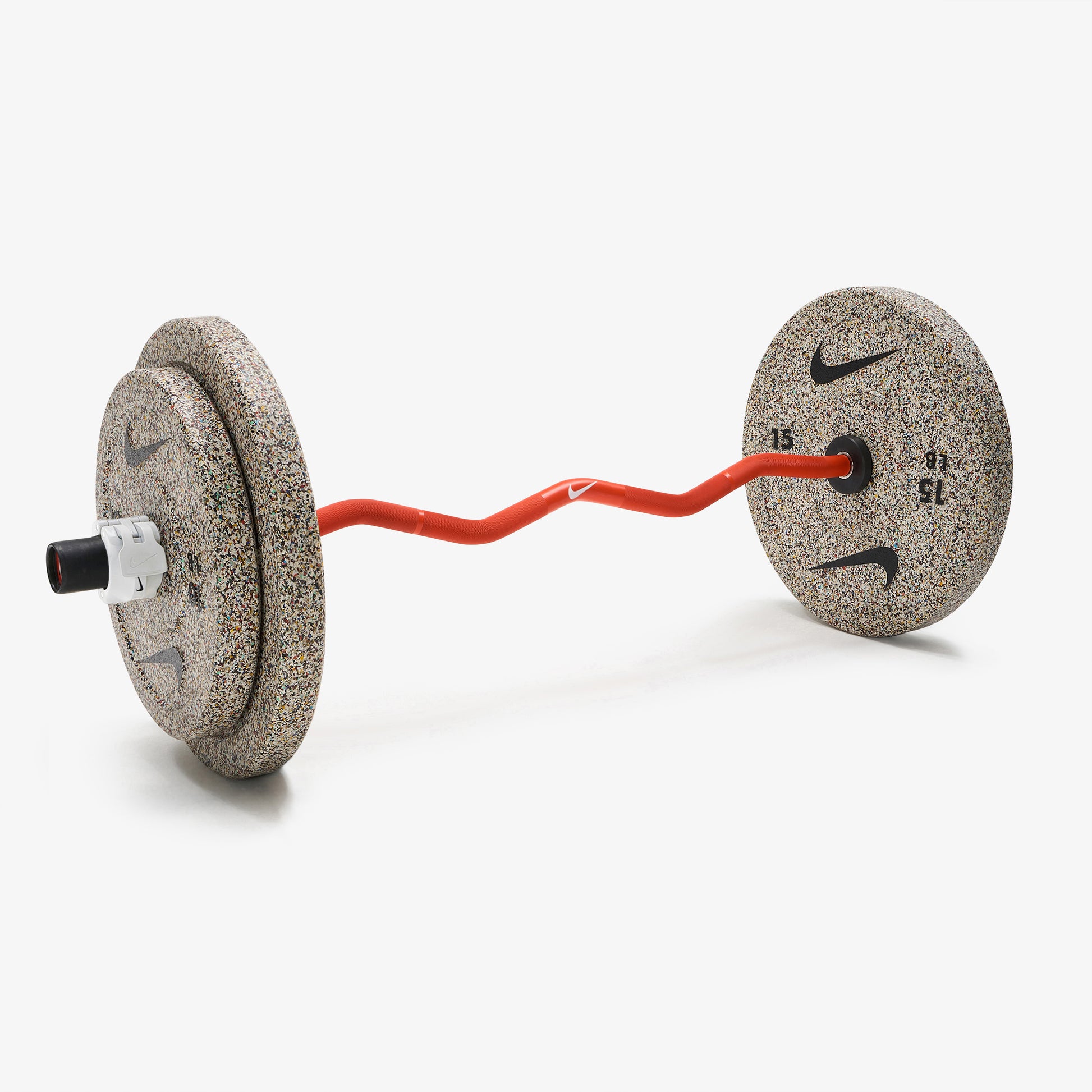 Nike Strength Shield Curl Bar - Orange Swoosh / Nike Grind Bumper Plates (10 and 15 lb pairs) / White/Black
