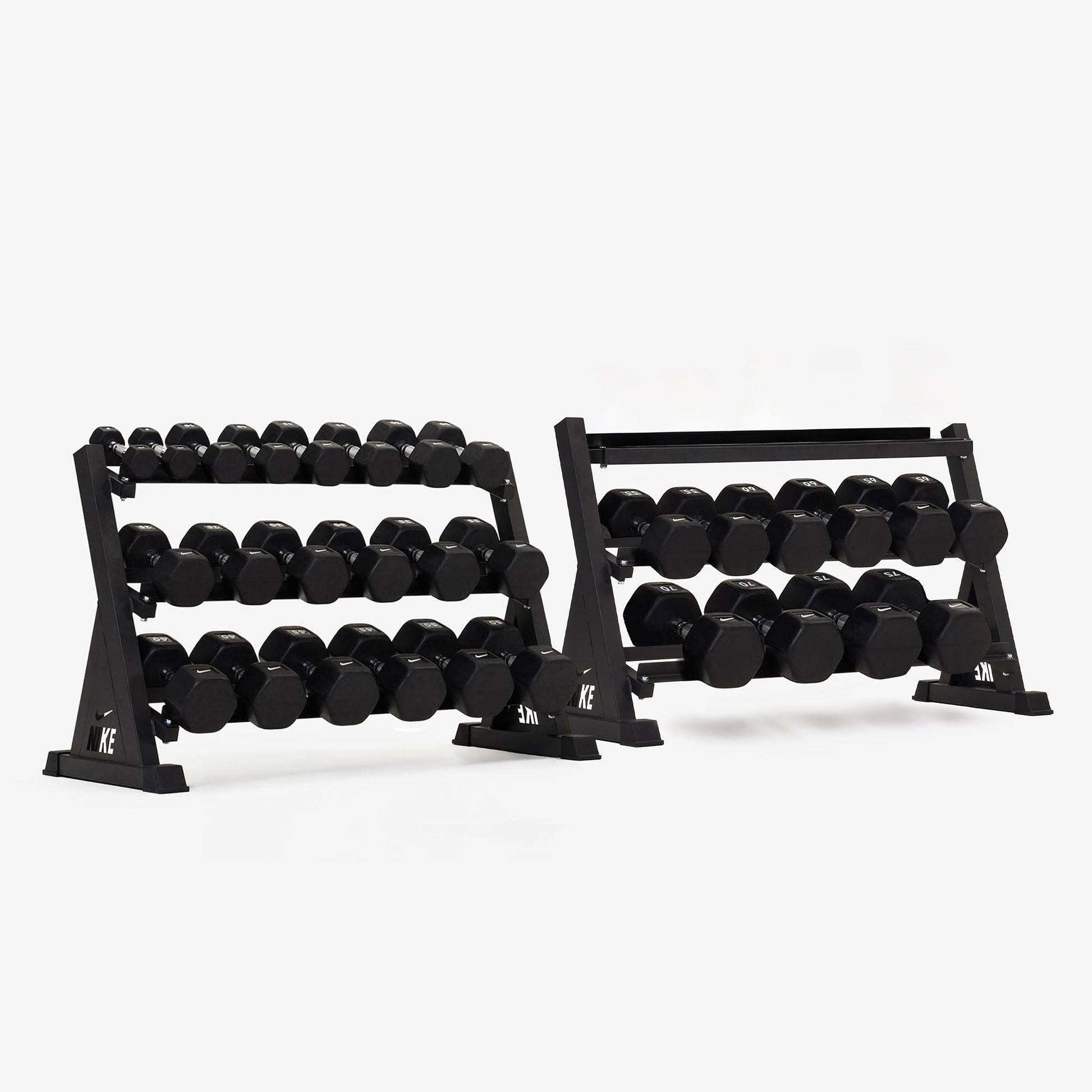 Black/White Dumbbells / Nike Black Bumper Plates / Nike Strength Shield Barbell 15 kg - Orange Swoosh | Black/White Dumbbells / Nike Black Bumper Plates / Nike Strength Shield Barbell 20 kg - Orange Swoosh | Black/White Dumbbells / Nike Black Bumper Plates / Nike Strength Shield Barbell 20 kg - Red Swoosh | Black/White Dumbbells / Nike Black Bumper Plates / Nike Strength Shield Barbell 20 kg - Black ("Just Do It")