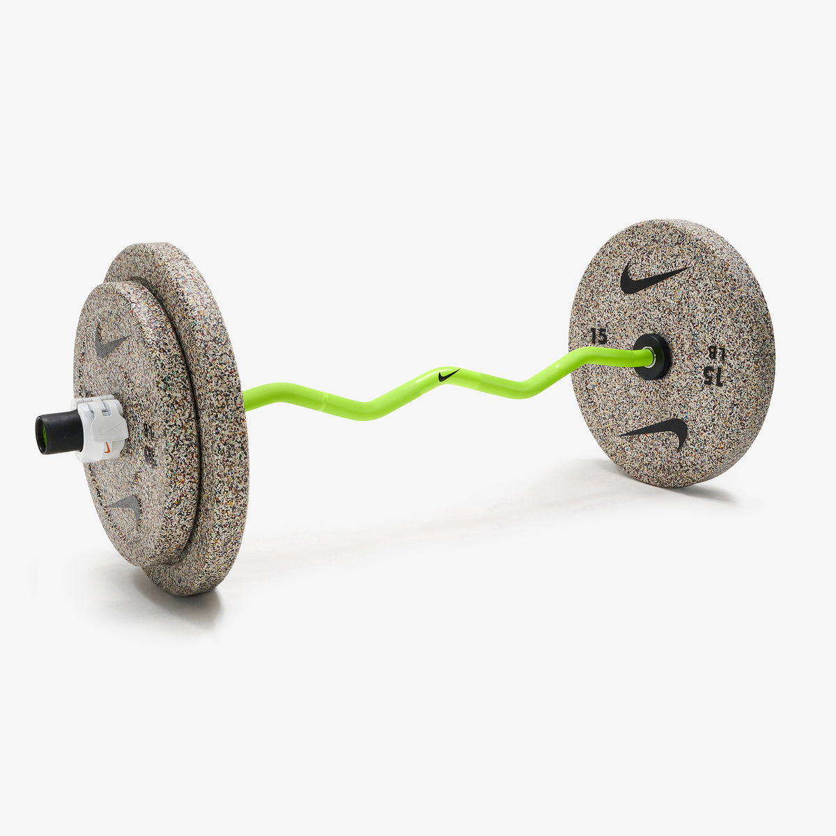 Nike Strength Shield Curl Bar - Volt Swoosh / Nike Grind Bumper Plates (10 and 15 lb pairs) / White/Orange