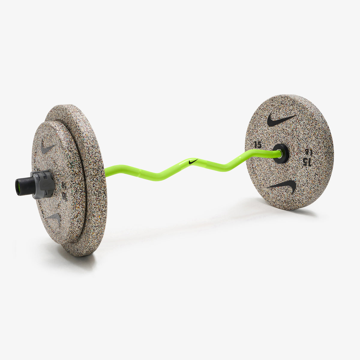 Nike Strength Shield Curl Bar - Volt Swoosh / Nike Grind Bumper Plates (10 and 15 lb pairs) / Grey/Black