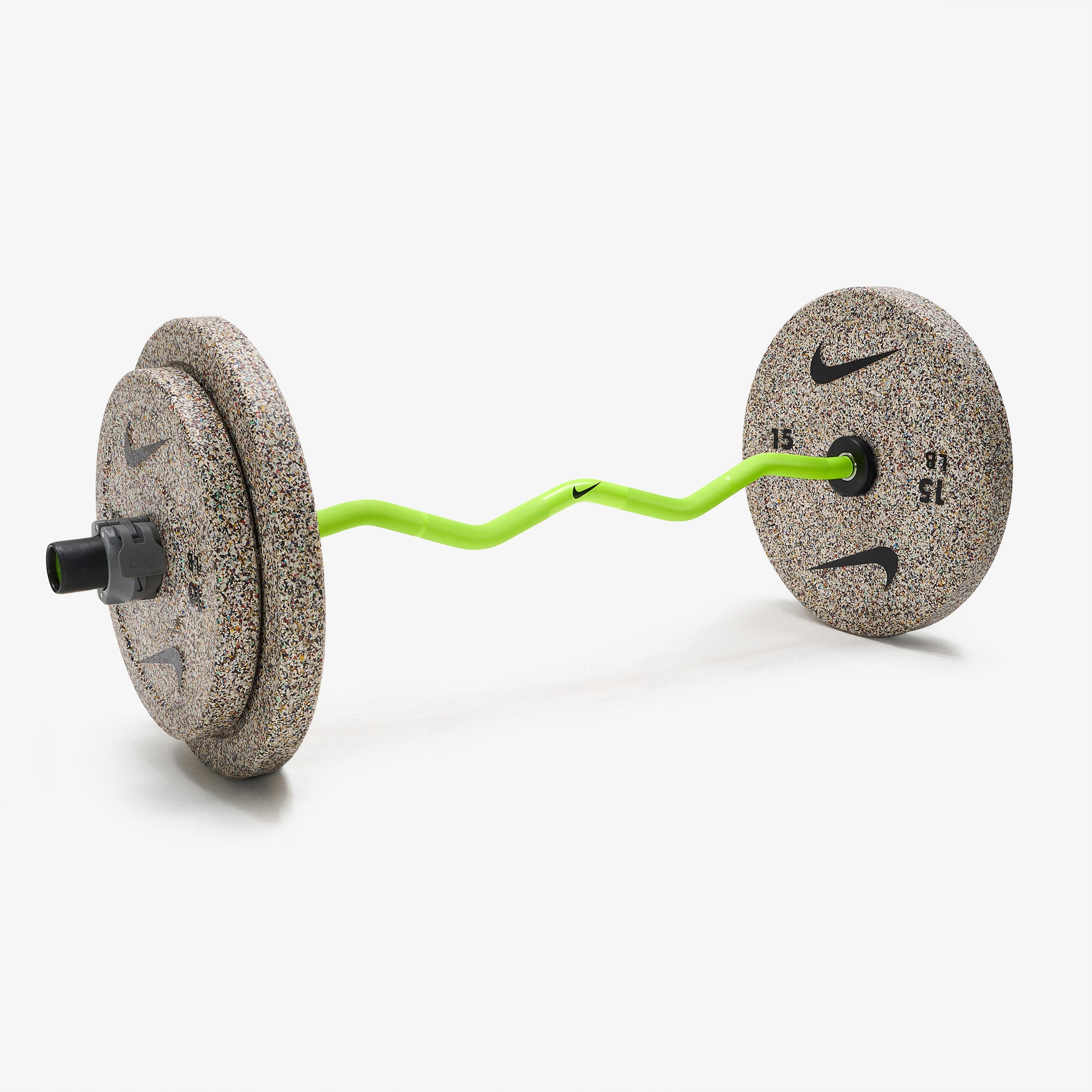 Nike Strength Shield Curl Bar - Volt Swoosh / Nike Grind Bumper Plates (10 and 15 lb pairs) / Grey/Black