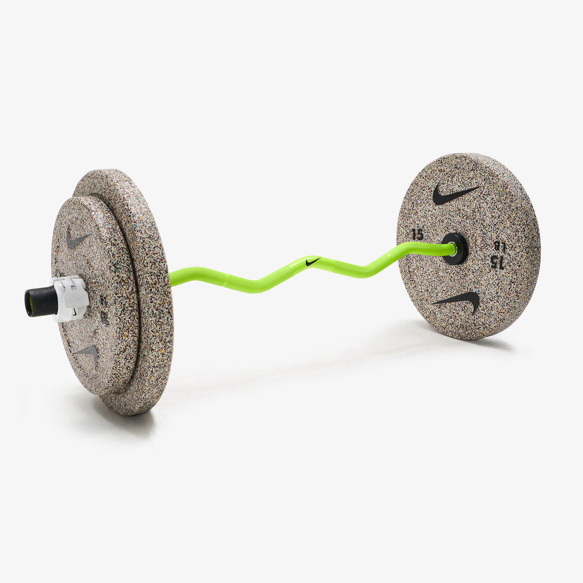 Nike Strength Shield Curl Bar - Volt Swoosh / Nike Grind Bumper Plates (10 and 15 lb pairs) / White/Black