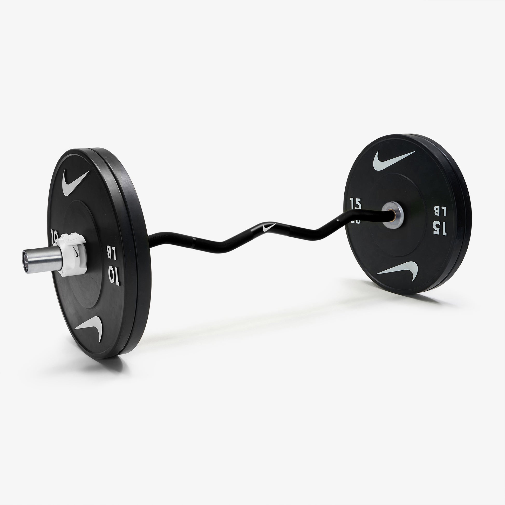 Nike Curl Bar - Black / Nike Black Bumper Plates (10 and 15 lb pairs) / White/Black