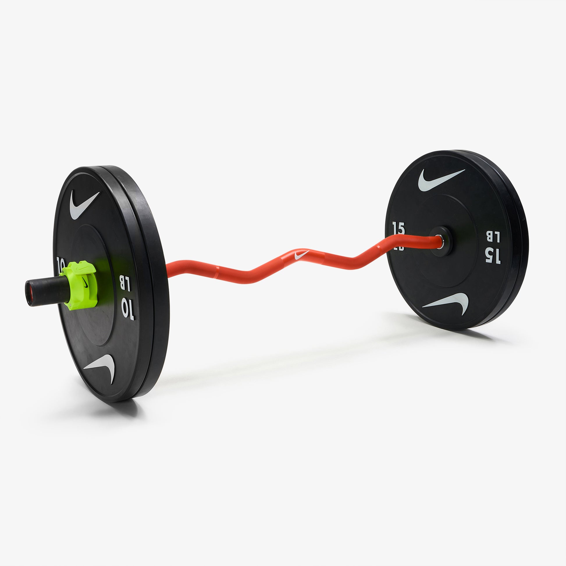 Nike Strength Shield Curl Bar - Orange Swoosh / Nike Black Bumper Plates (10 and 15 lb pairs) / Volt/Black