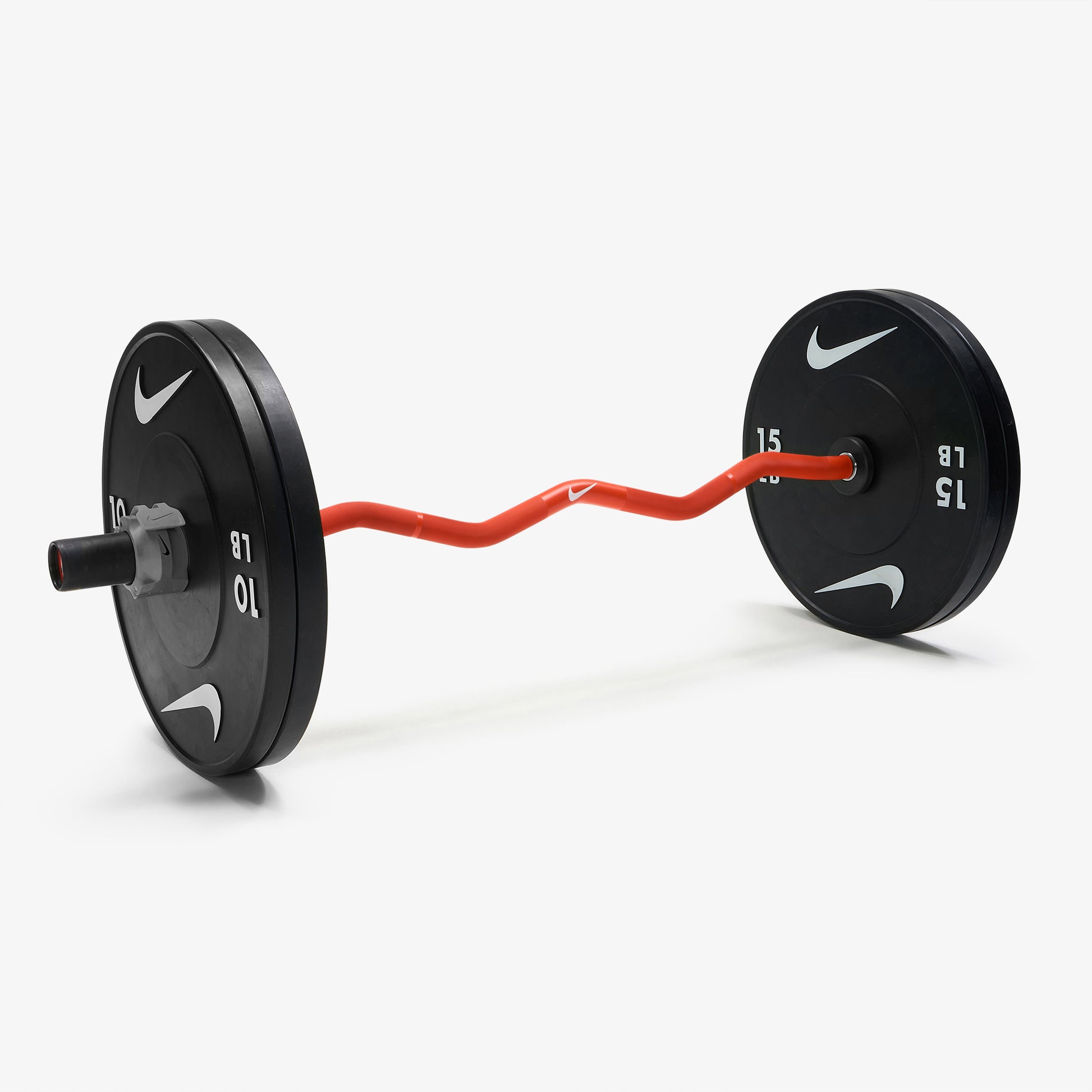Nike Strength Shield Curl Bar - Orange Swoosh / Nike Black Bumper Plates (10 and 15 lb pairs) / Grey/Black