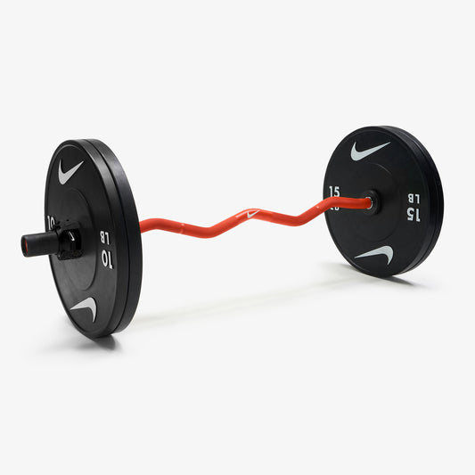 Nike Strength Shield Curl Bar - Orange Swoosh / Nike Black Bumper Plates (10 and 15 lb pairs) / Black/White